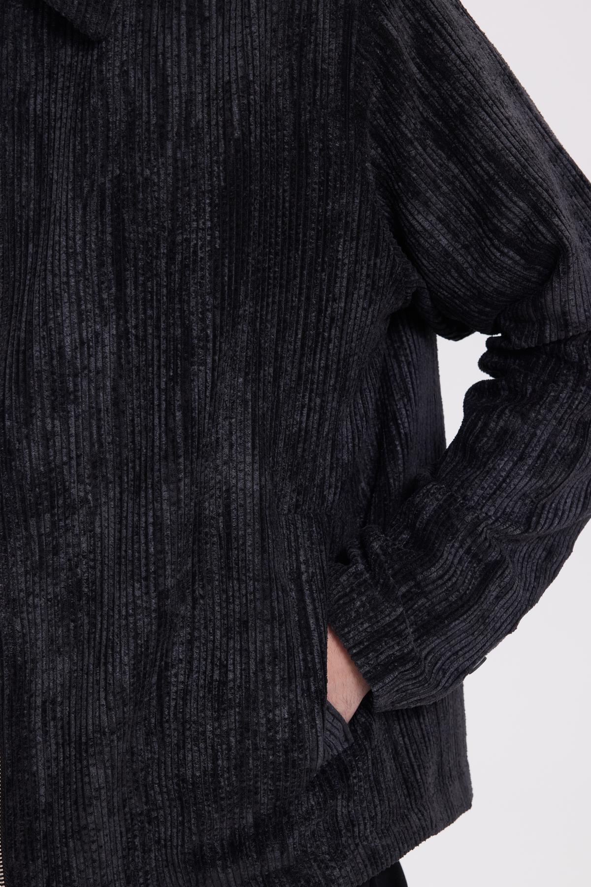 Tudors  Erkek Relax Fit Rahat Kesim Fitilli Fermuarlı Astarlı Cepli Kolej Siyah Ceket Mont Gömlek - Görsel 5