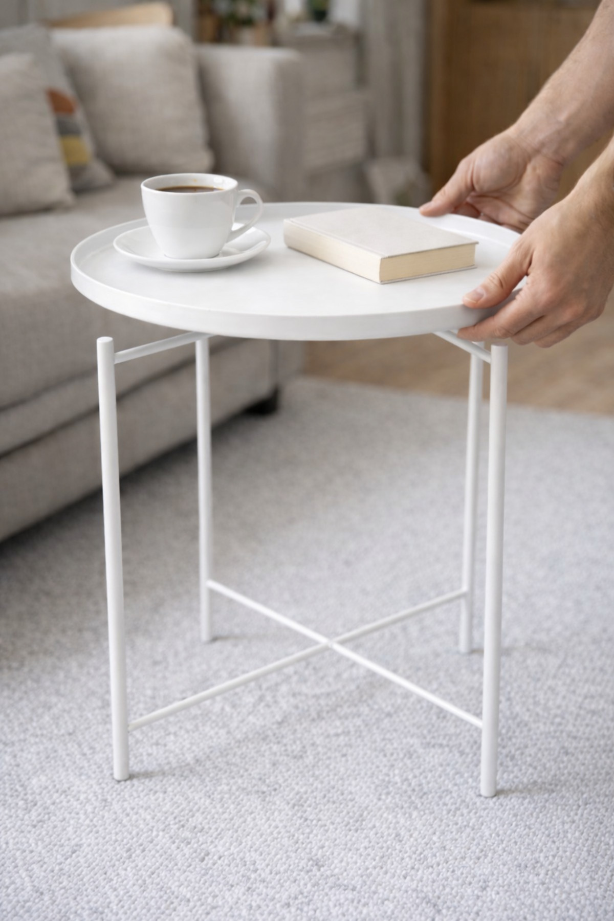 Home Metal Multi Purpose Coffee Table with Foldable Tray White