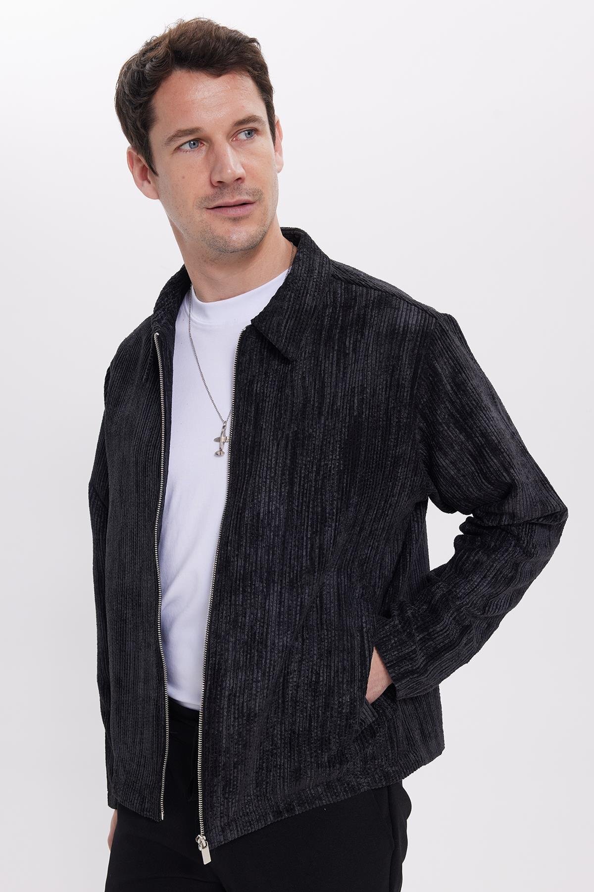 Tudors  Erkek Relax Fit Rahat Kesim Fitilli Fermuarlı Astarlı Cepli Kolej Siyah Ceket Mont Gömlek - Görsel 3