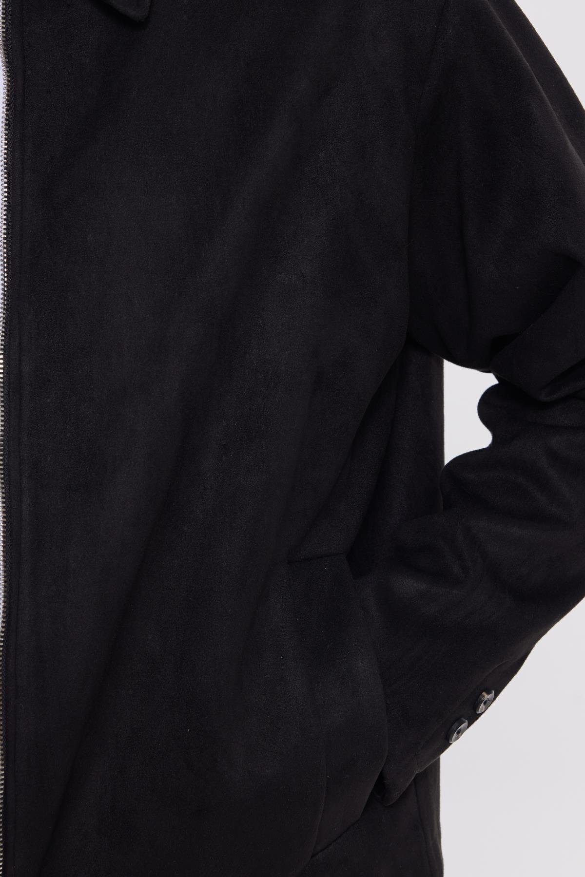 Tudors  Erkek Relax Fit Rahat Kesim Süet Fermuarlı Astarlı Cepli Siyah Kolej Ceket Mont - Görsel 4