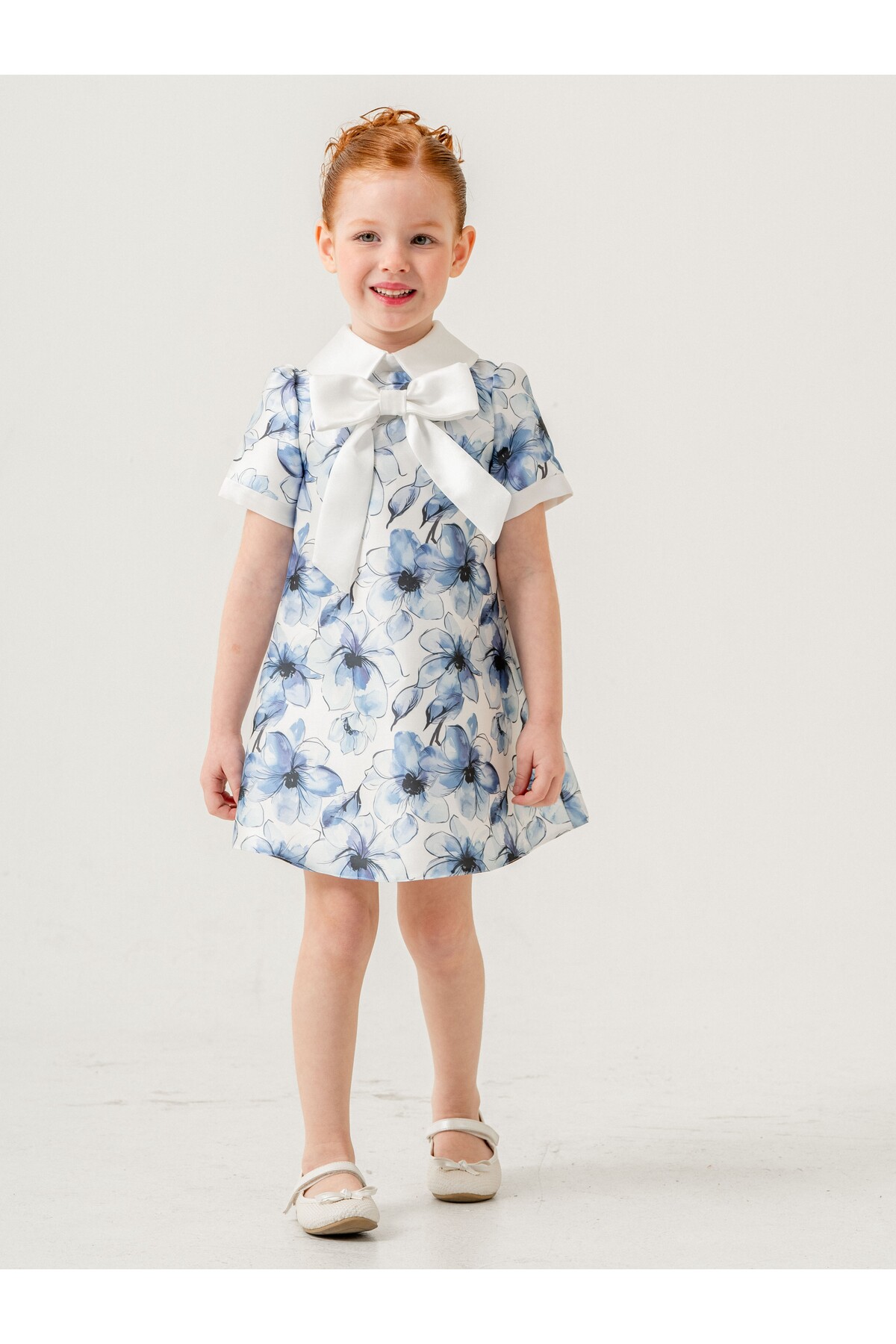 Babyhola 3-7 Yaş Japon Stil Bebe Yaka Çiçek Desenli Saten Kız Çocuk Özel Gün Elbise 7092