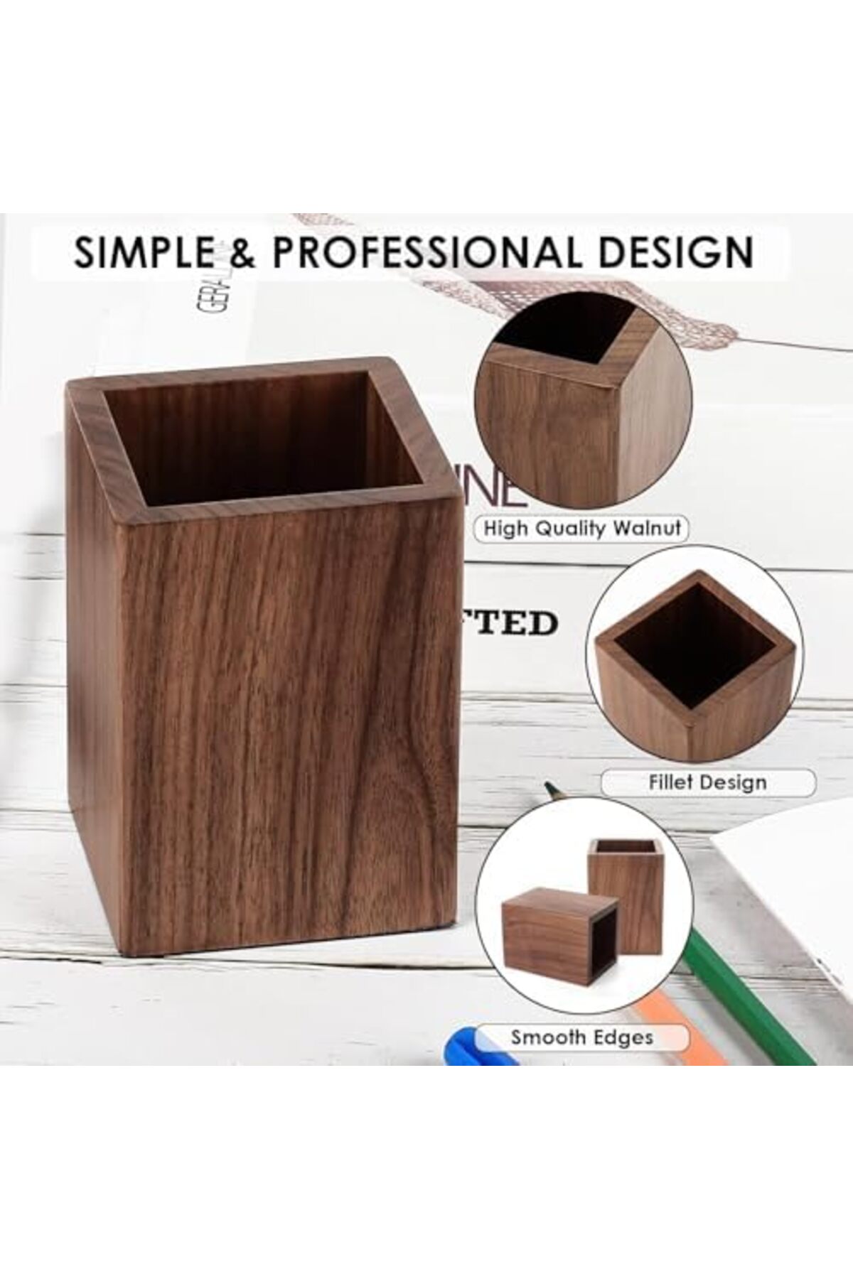 BRF Sahra79 Masa Kalemliği, Ahşap Kalemlik Organizer, Kare Kalem Kutusu, Ceviz Ağacından El Yapımı, Masa