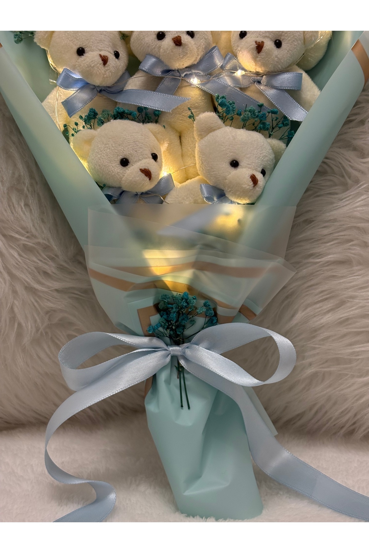 Salish Led Işıklı Teddy Bear 9’lu | Mavi Peluş Ayıcık Buketi, Çiçek Detaylı | Özel Hediye fotoğrafı 5 (önizleme)