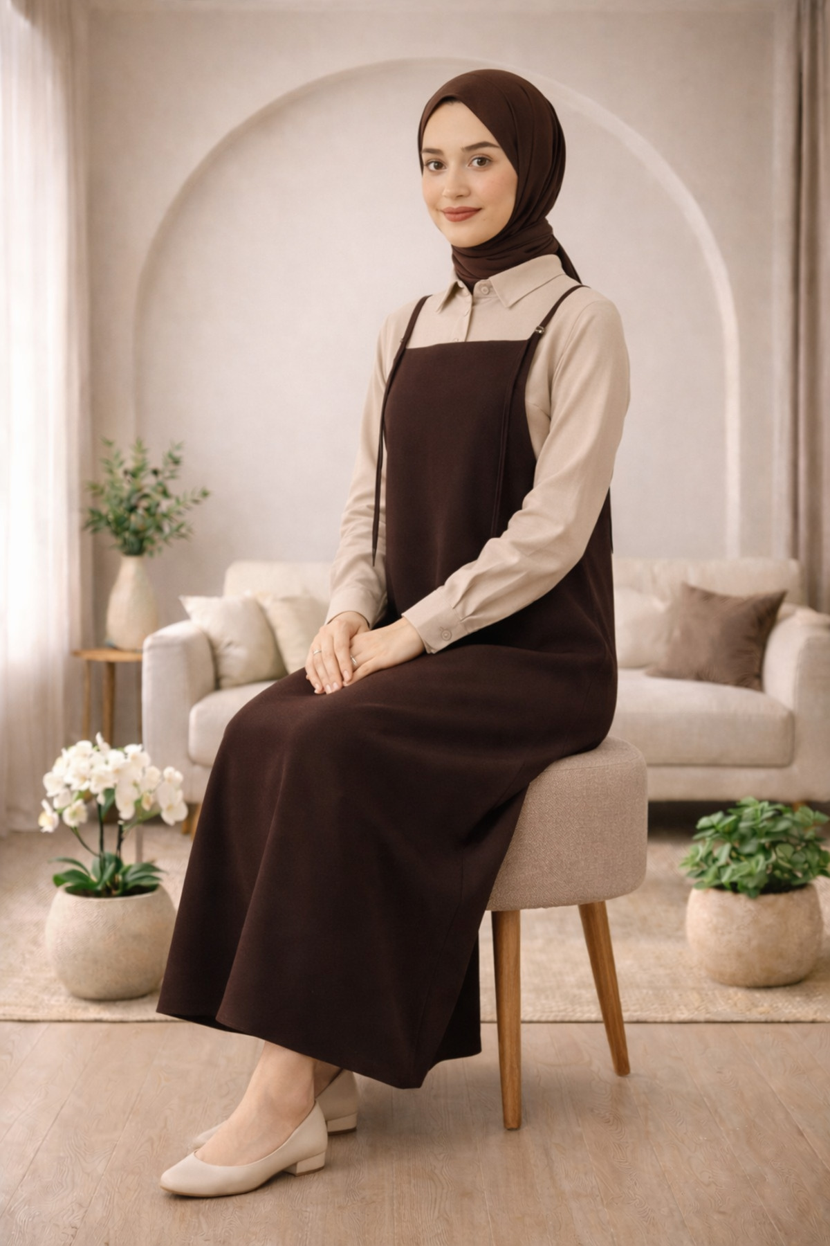 ELMODA  Kadın Acı Kahverengi Ayarlanabilir Ip Askılı Jile Elbise - Görsel 4