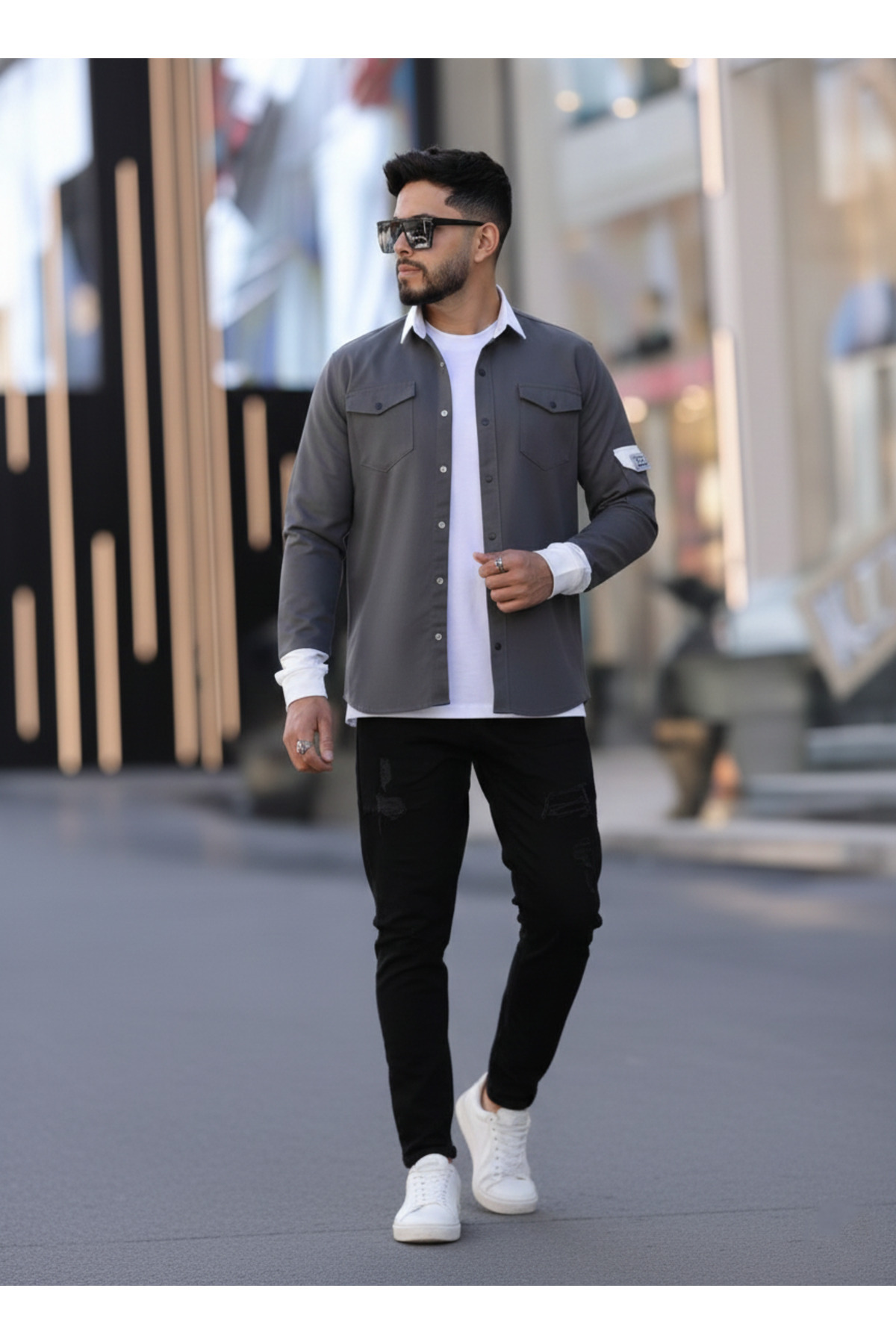 YXC Trend Maker  Erkek Slim Fit Dar Kesim Uzun Kollu Yaka detaylı Çift Cepli Gömlek.