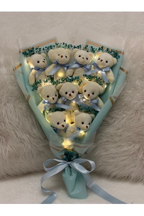Salish Led Işıklı Teddy Bear 9’lu | Mavi Peluş Ayıcık Buketi, Çiçek Detaylı |...