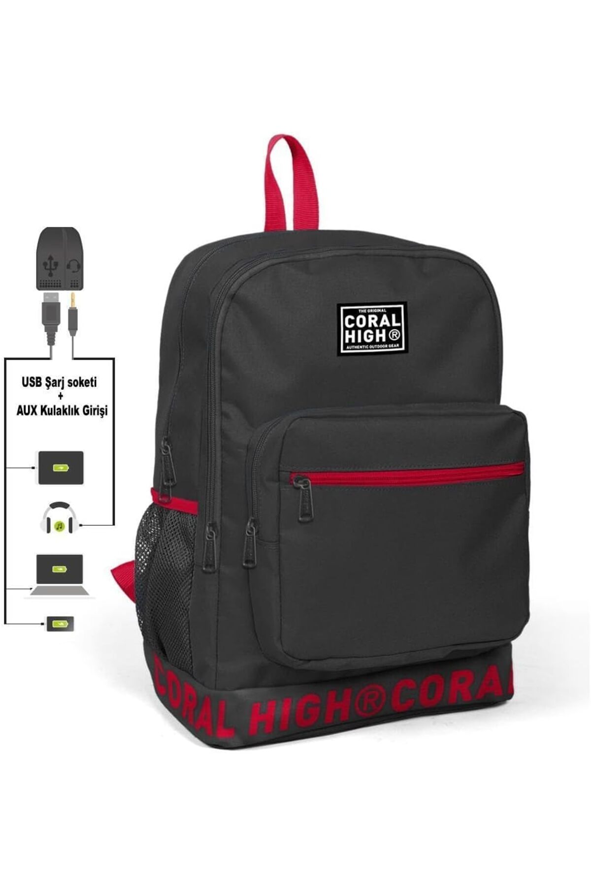 BRF Sahra79 Nakış Logolu Usb Şarjlı Kulaklık Çıkışlı Koyu Gri Sırt Çantası 24105 1176661