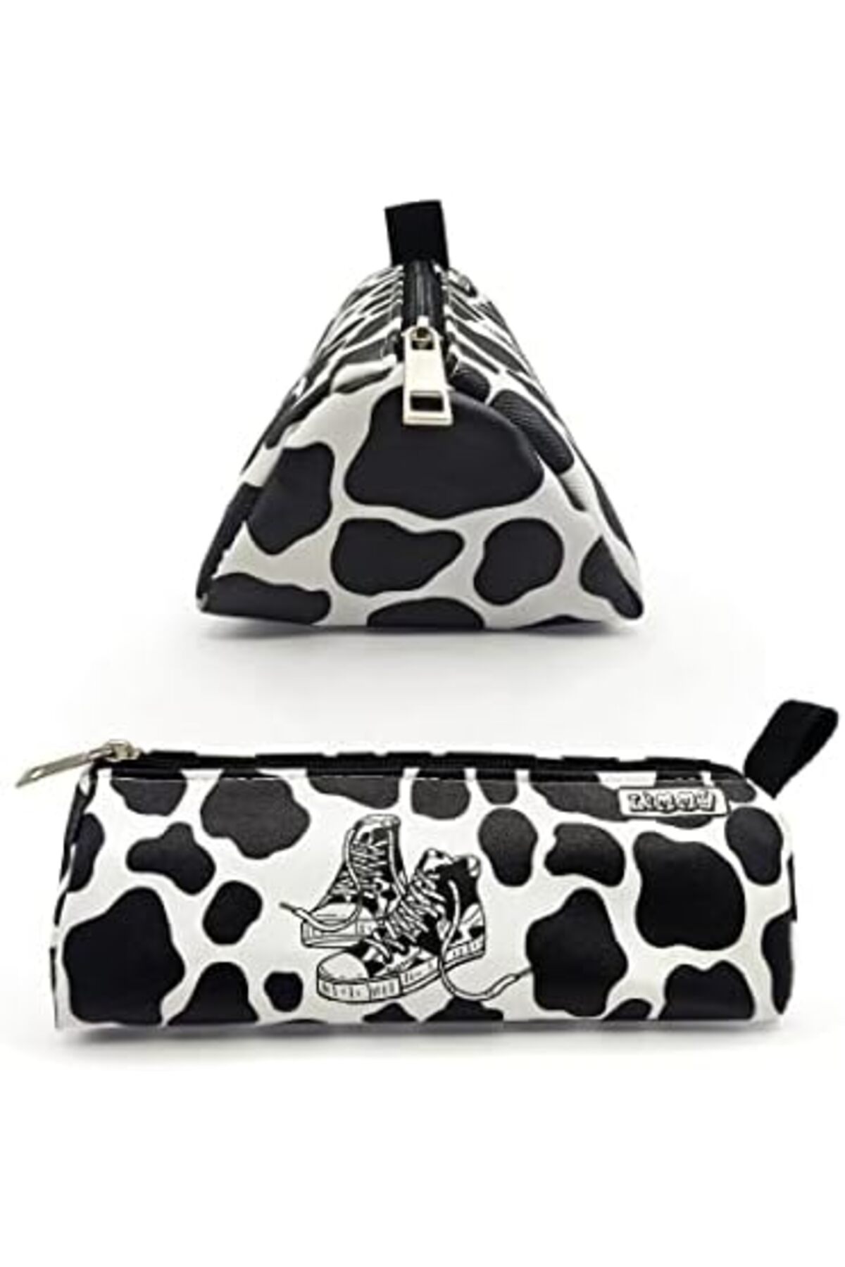 BRF NwoTeknoloji Kalem Kutusu İnek Desenli Ayakkabı Detaylı Üçgen Kalemkutu Vegan Deri Kalemlik - Siyah