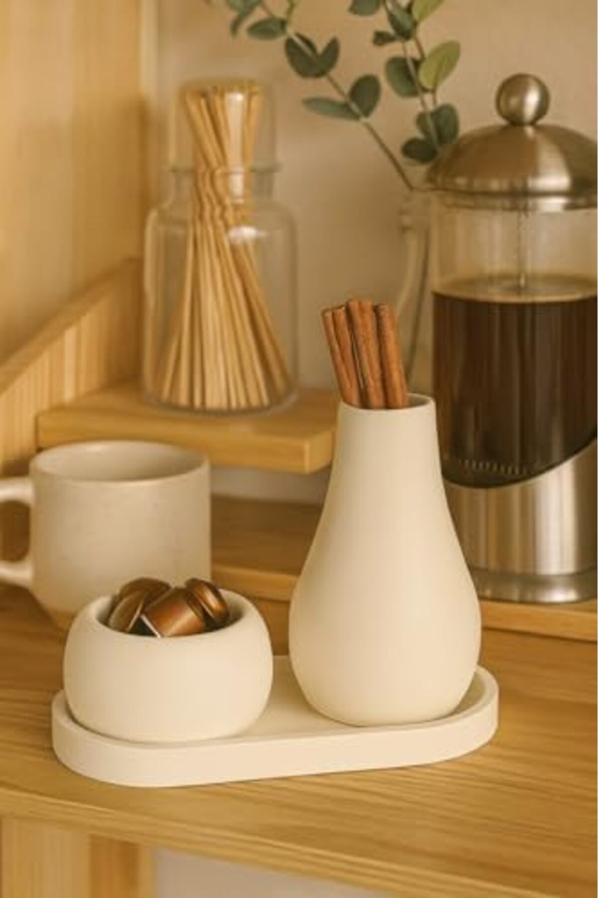 BRF NwoTeknoloji 3 Parça El Yapımı Masaüstü Organizer Set – Minimalist Kalemlik, Mumluk ve Tepsi – Moder