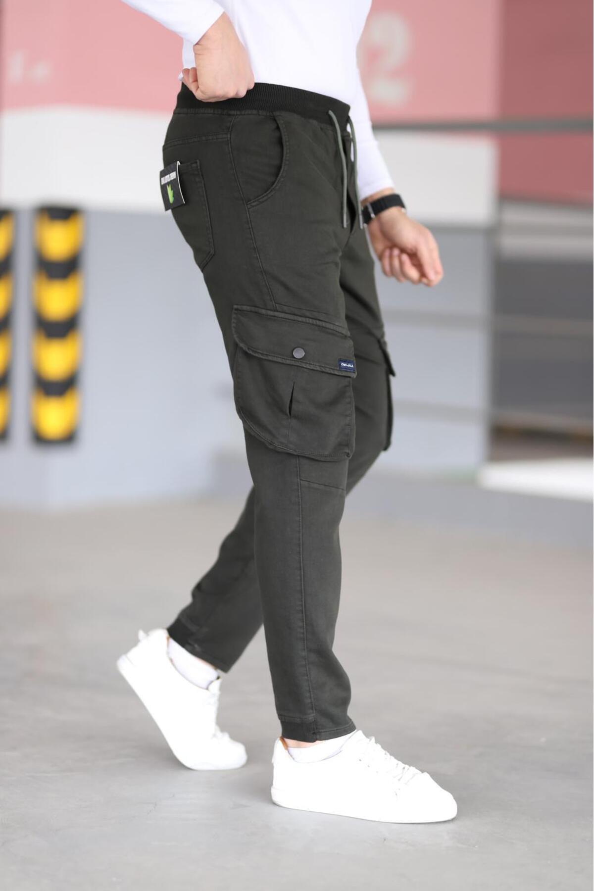 blayn jeans Men's Khaki Cargo Pocket Lycra Cargo Pocket Trousers with Elastic Waist