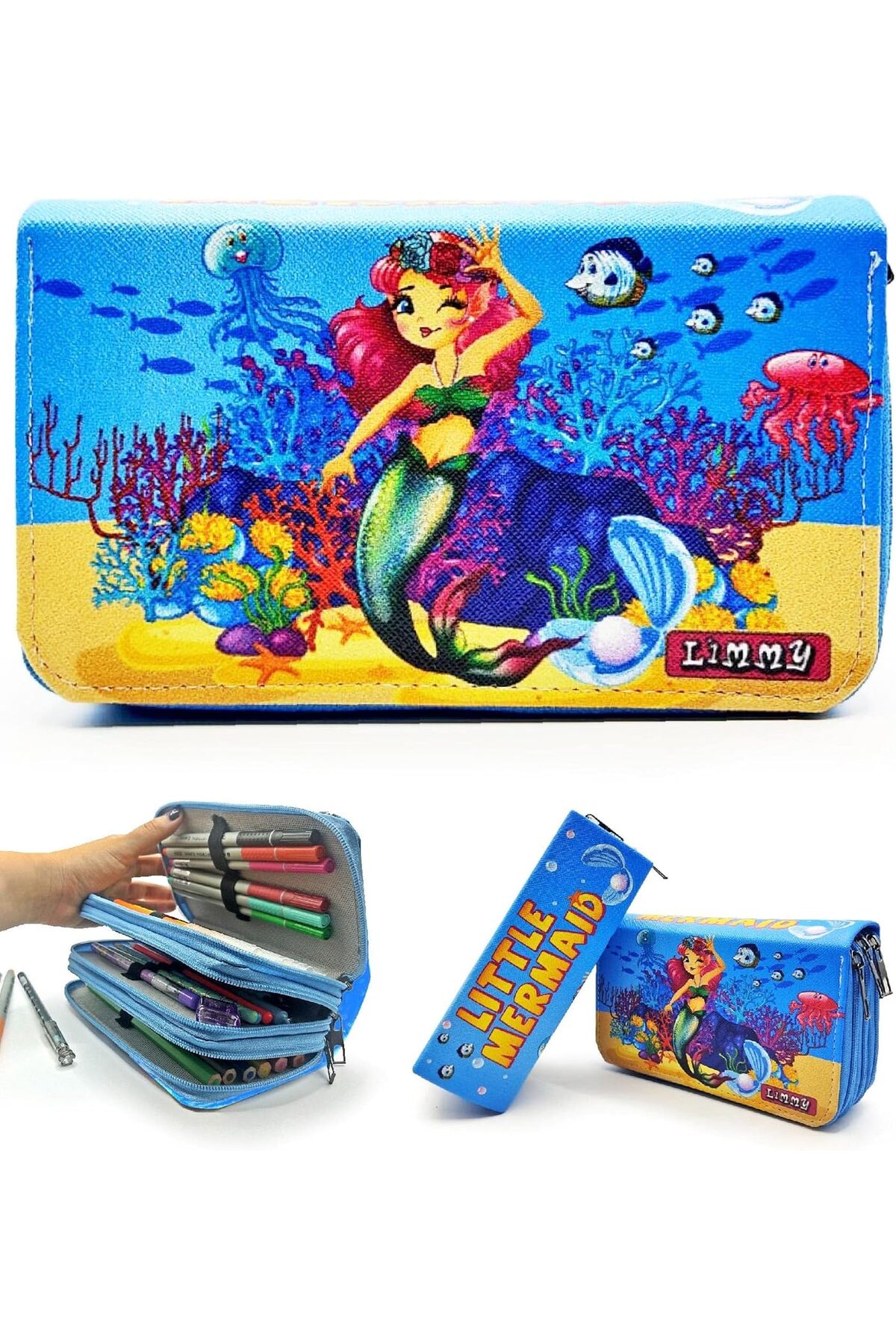 BRF Sahra79 Kalem Kutusu Deniz Kızı Desenli Organizer Kalemkutu Vegan Deri Üç Bölmeli Kalemlik-Mavi 117