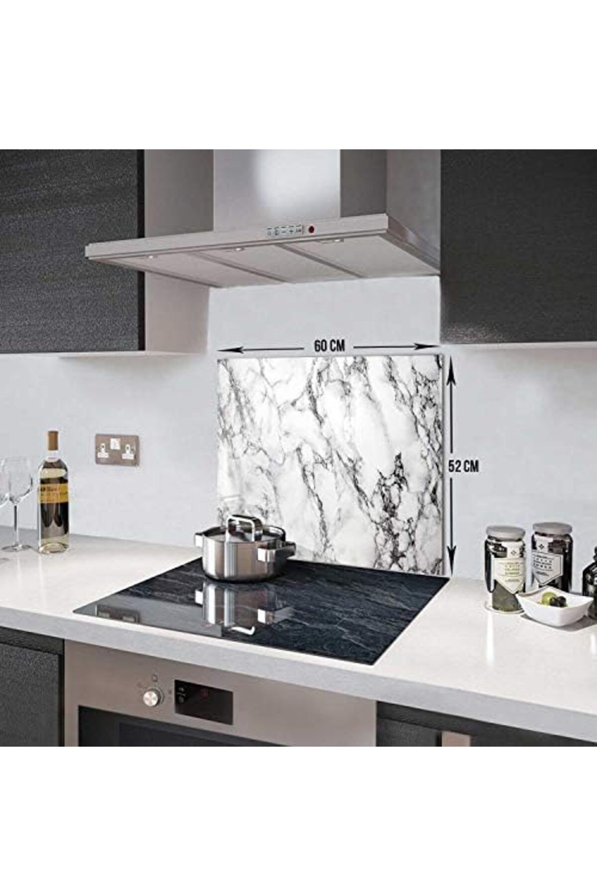 BRF NwoTeknoloji 10001506001 Beyaz Mermer Görünümlü Cam Ocak Arkası Koruyucusu, 52cm x 60cm 1205362