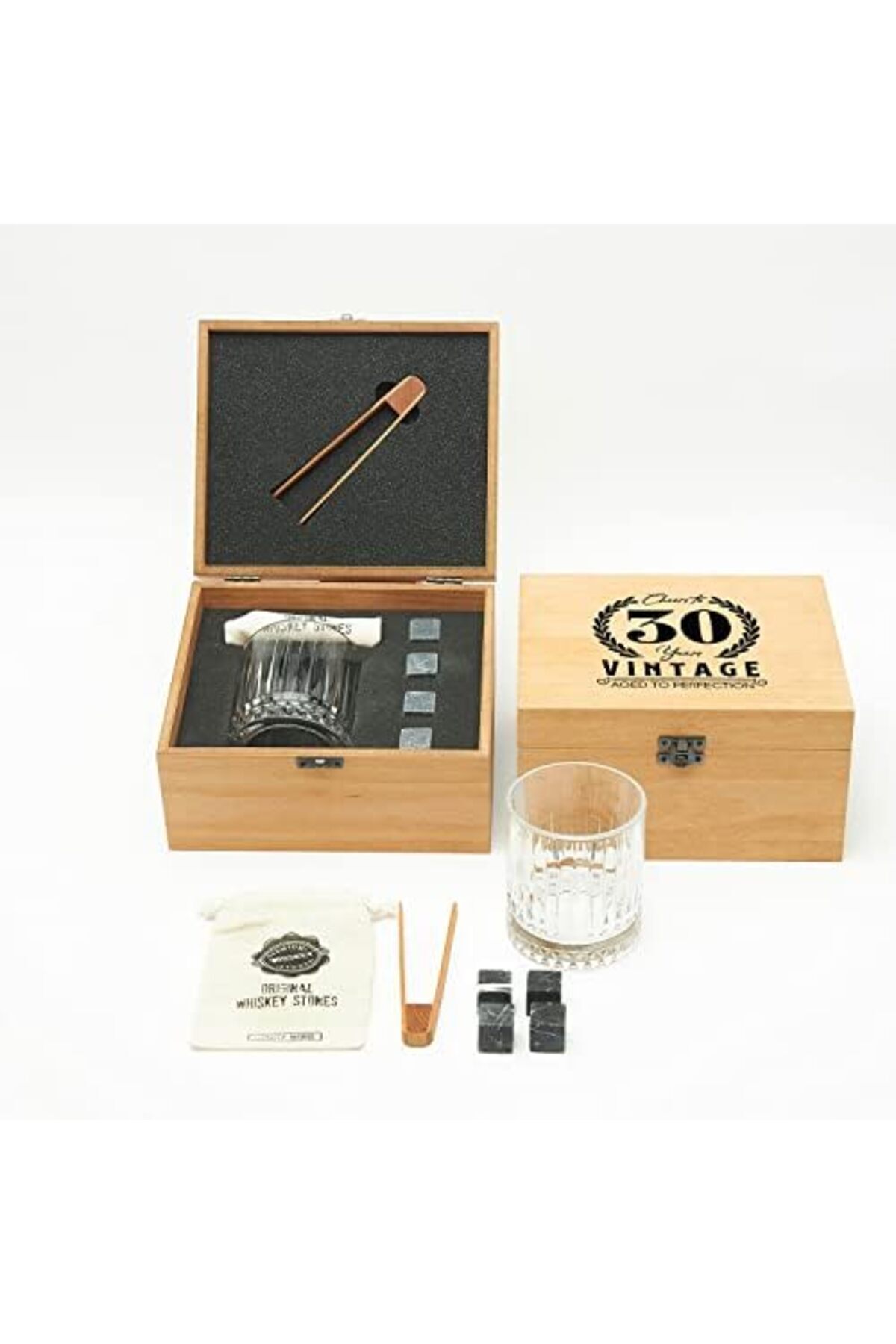 BRF NwoTeknoloji 30 Yaş Tasarımlı Ahşap Kutulu Tekli Glasgow Viski Kadeh Seti + 4 Soğutucu Taş Seti 120