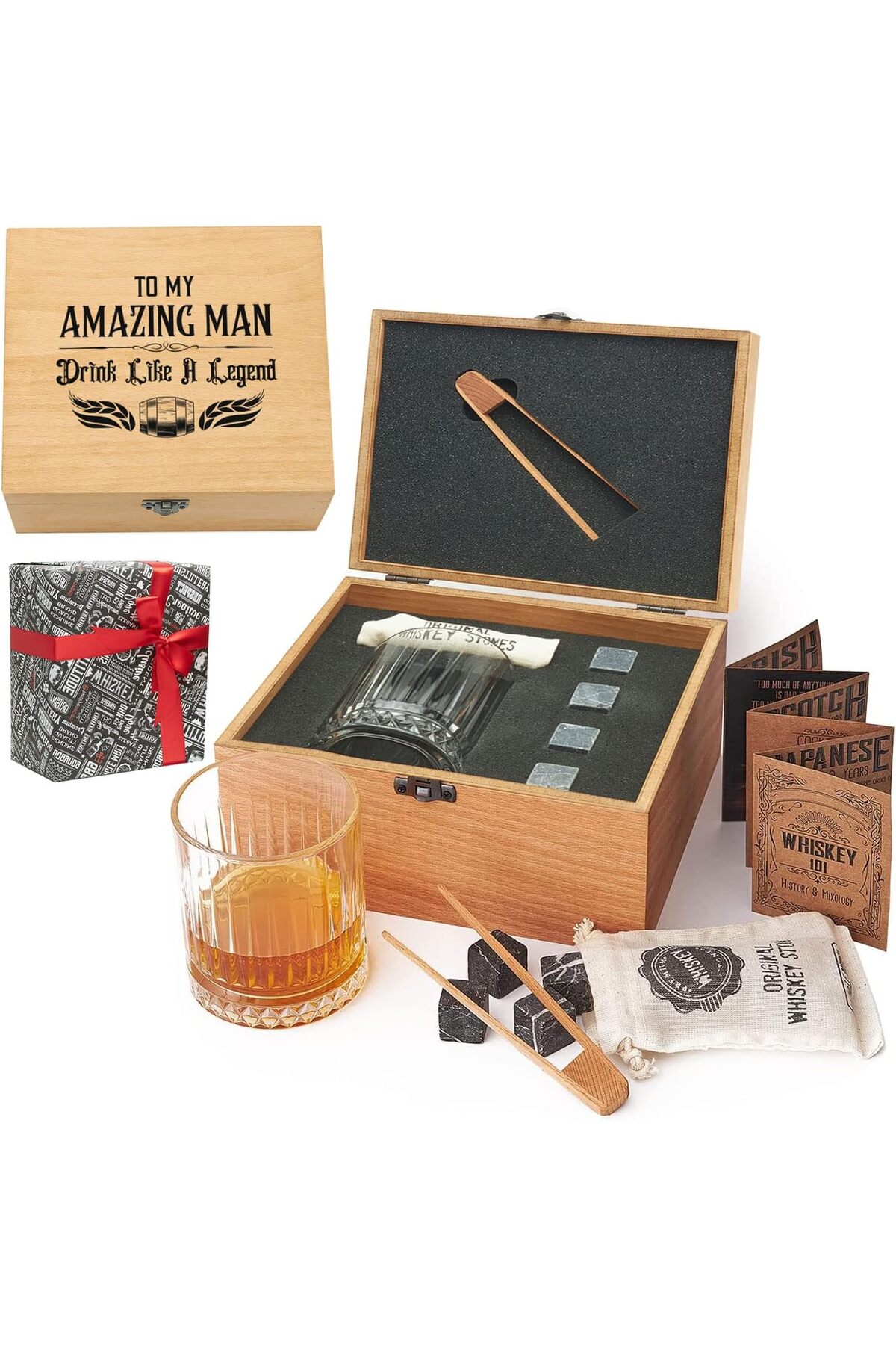 BRF NwoTeknoloji Arkadaşa Hediye Ahşap Kutulu Tekli Glasgow Viski Kadeh Seti + 4 Soğutucu Taş Seti 1205