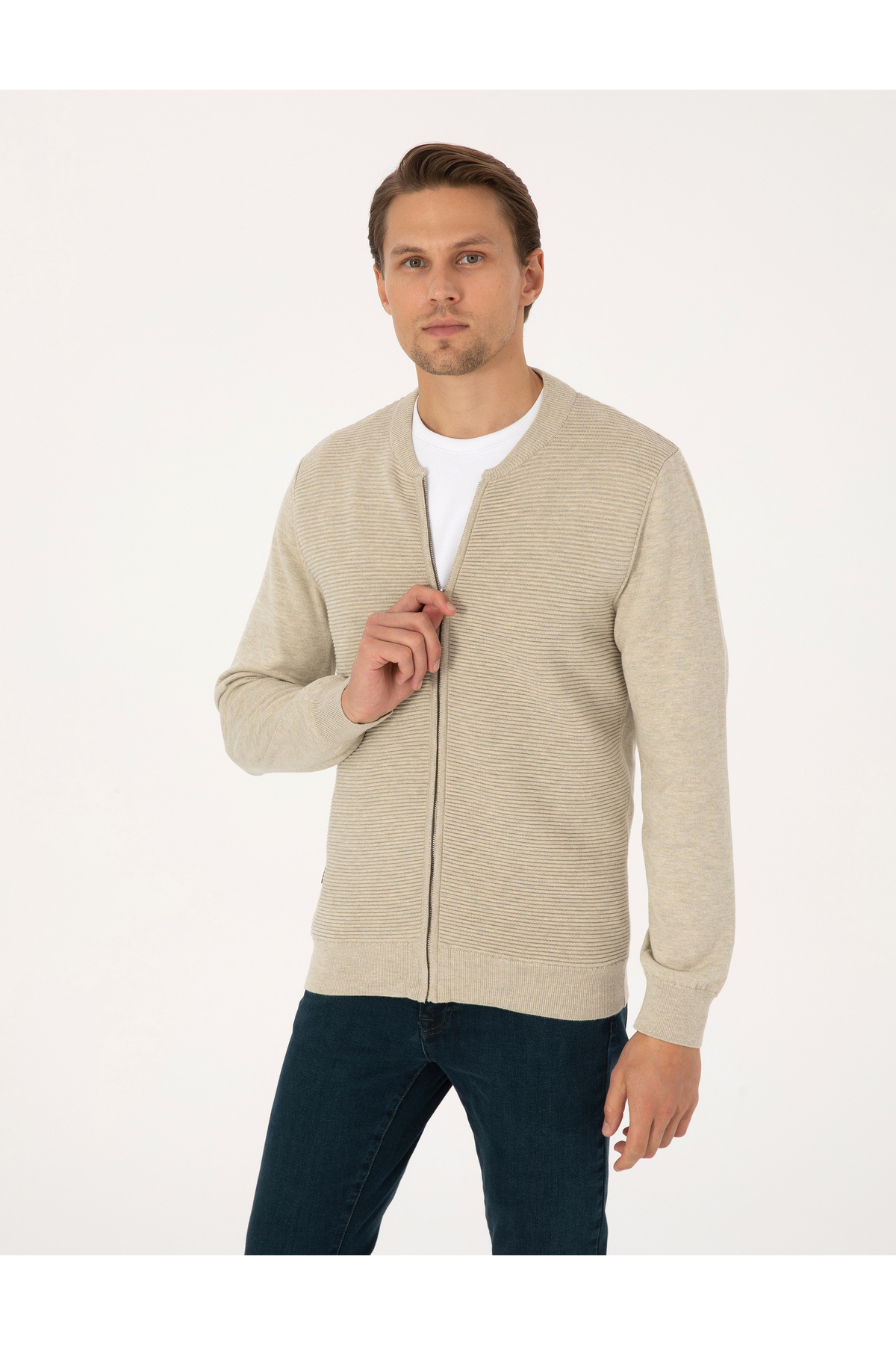 پیر کاردین ژاکت بافتنی زیپ‌دار اسلیم فیت ملانژ شنی 50317333-VR123