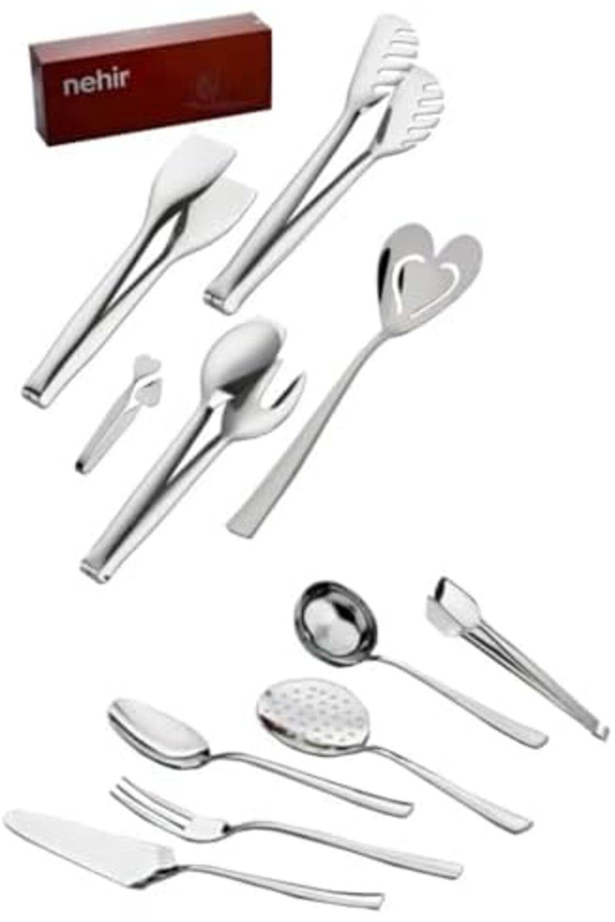 BRF NwoTeknoloji Çelik 11 Parça Spatula Kaşık Kevgir Kepçe Izgara Şeker Makarna Pasta Maşa Takımı Seti