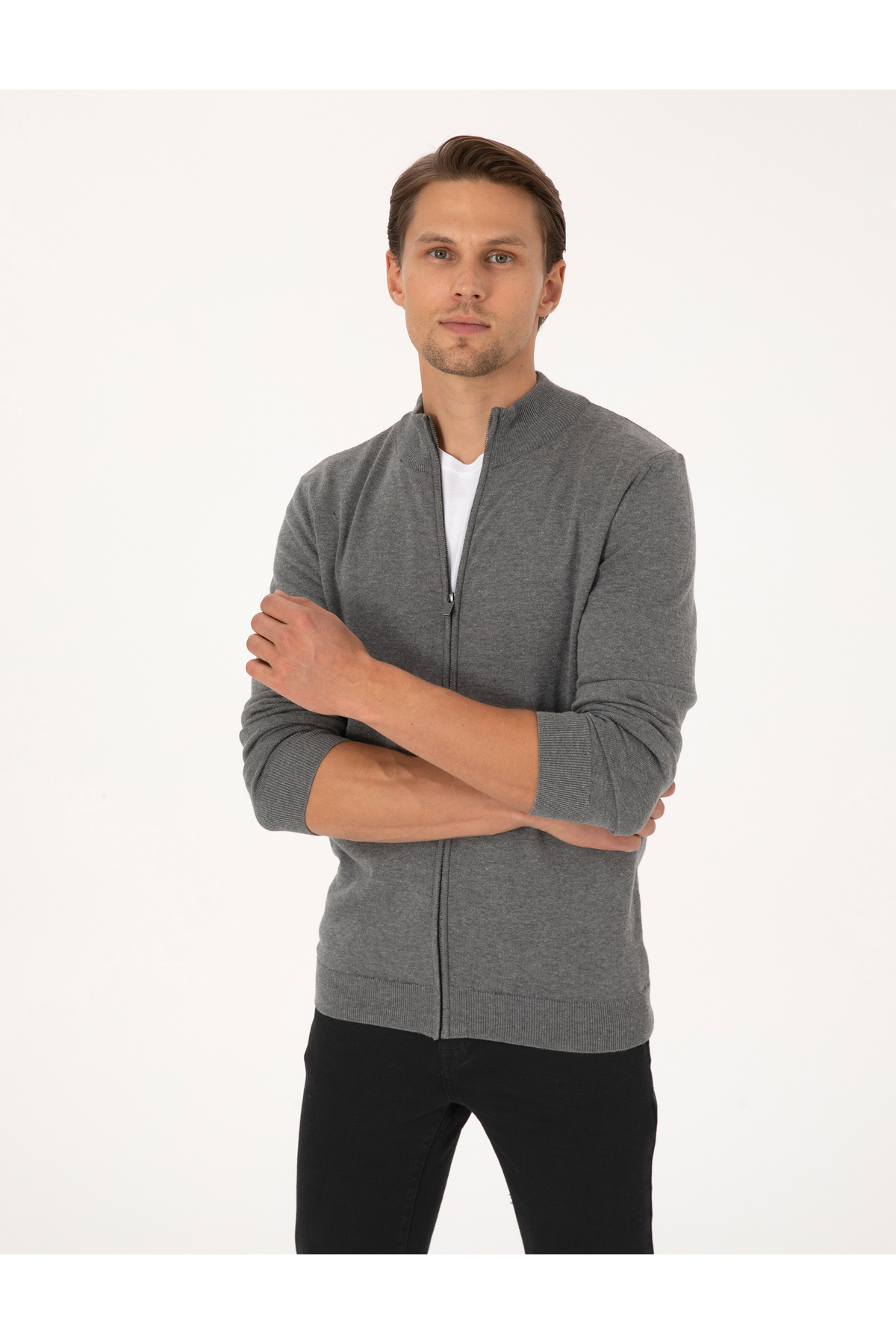 پیر کاردین ژاکت بافتنی زیپ‌دار اسلیم فیت ملانژ خاکستری 50317409-VR086