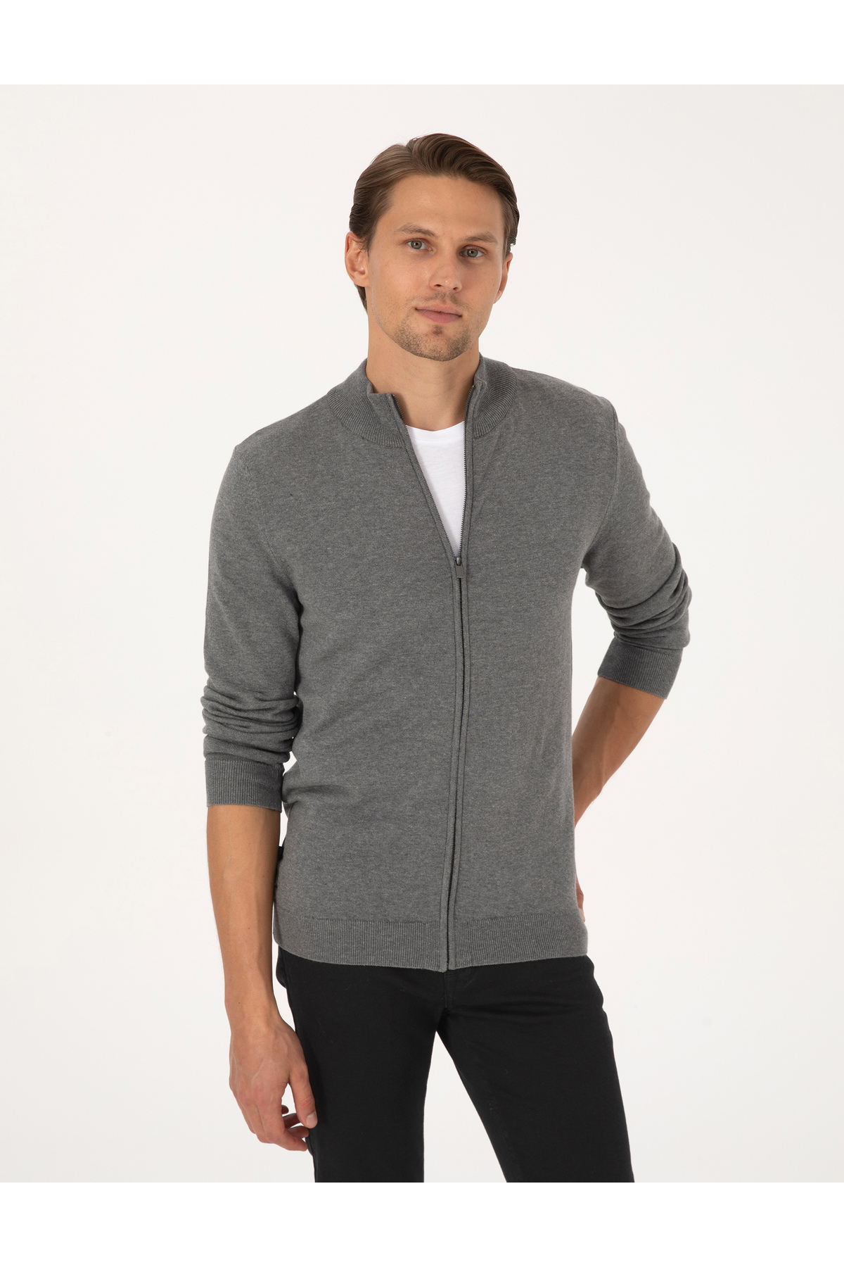 Pierre Cardin  Gri Melanj Slim Fit Fermuarlı Triko Hırka 50317409-VR086 - Görsel 3