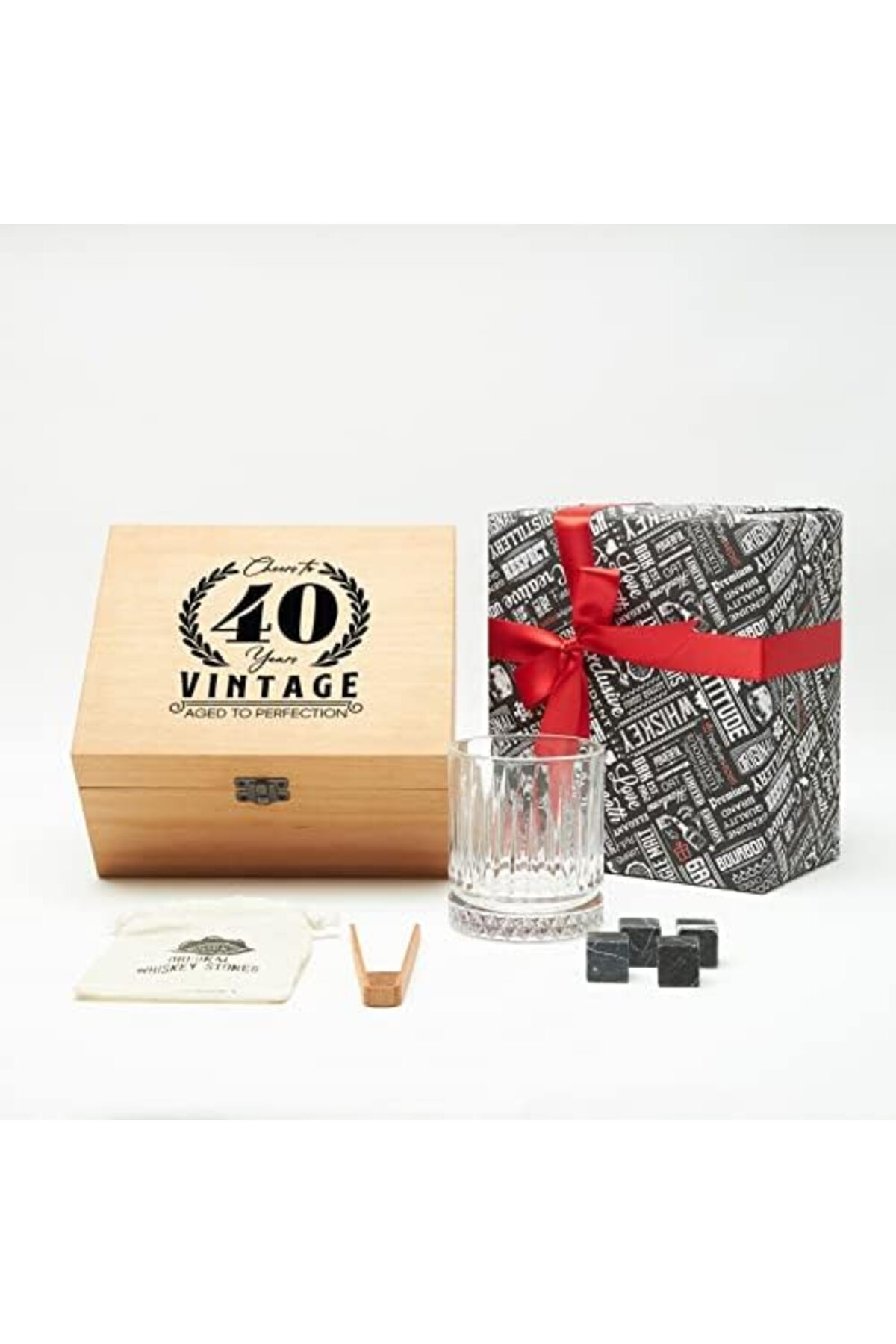 BRF NwoTeknoloji 40 Yaş Tasarımlı Ahşap Kutulu Tekli Glasgow Viski Kadeh Seti + 4 Soğutucu Taş Seti 120