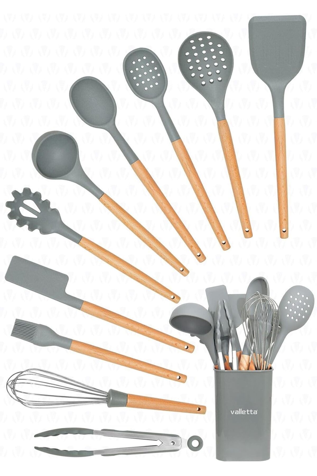BRF NwoTeknoloji Valletta Matis Dayanıklı Silikon Yanmaz Yapışmaz Standlı 11 Parça Servis Seti Gri 1205