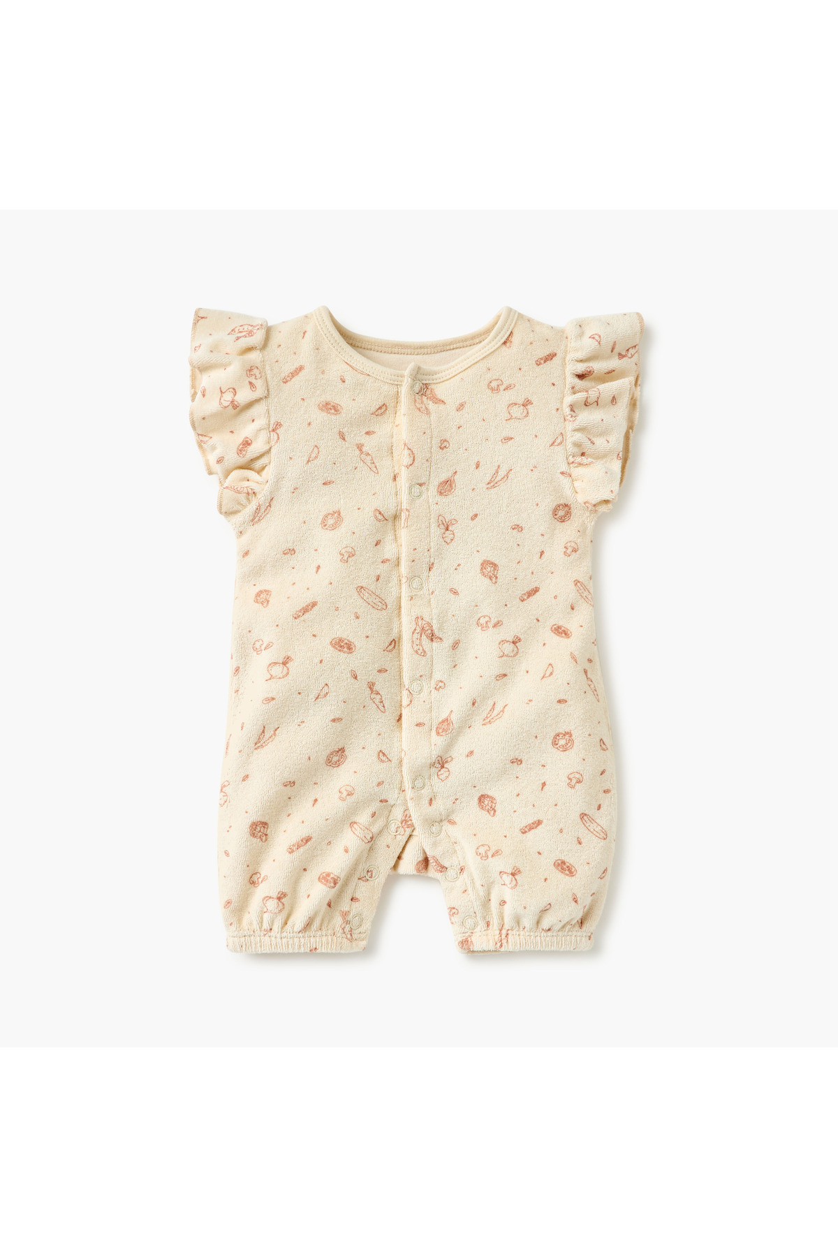 Juniors Graphic Print Romper with Ruffle Sleeves and Button Closure