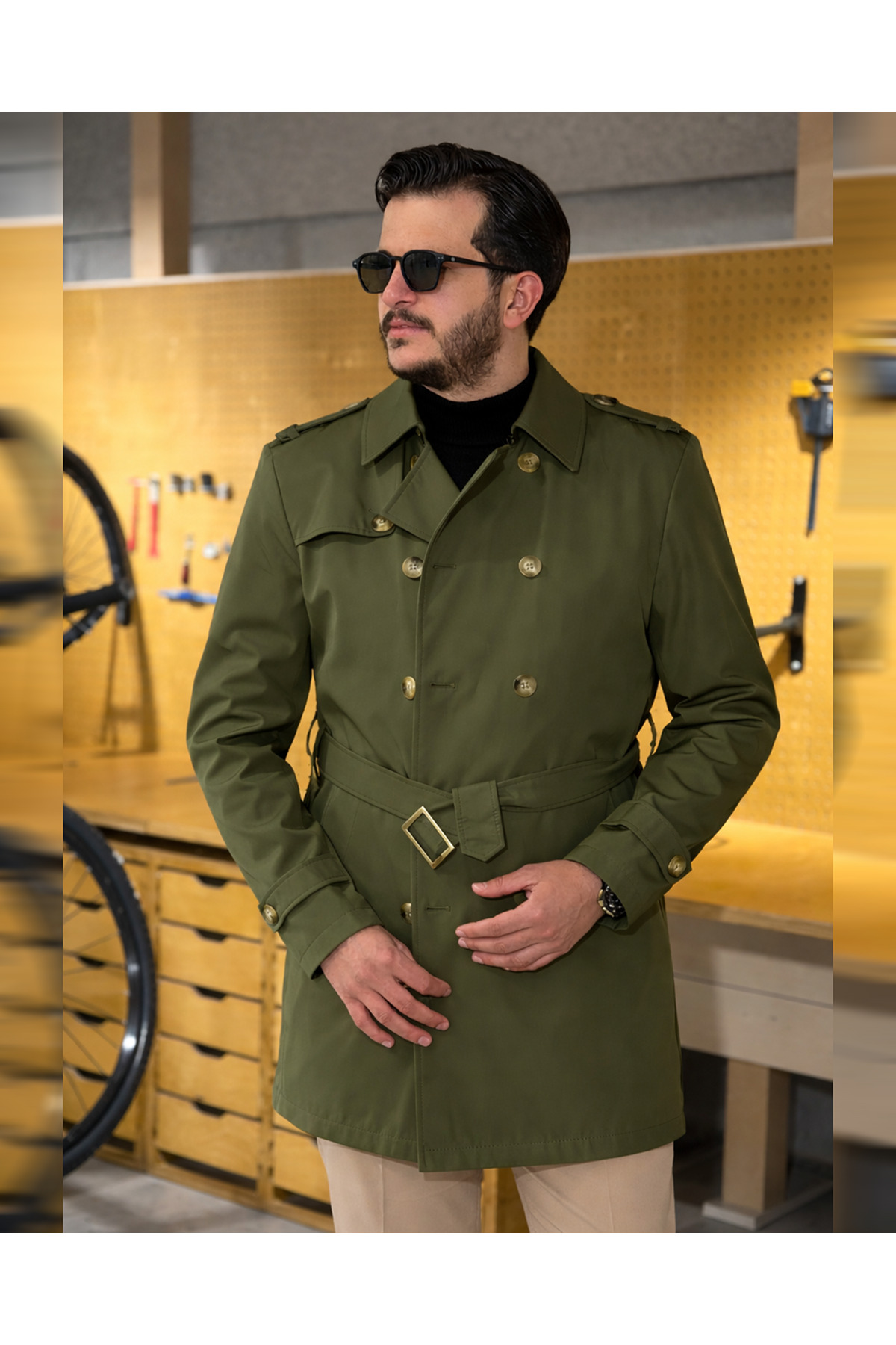 Avni Ceylan Erkek Kuşaklı Çift Düğmeli Trençkot