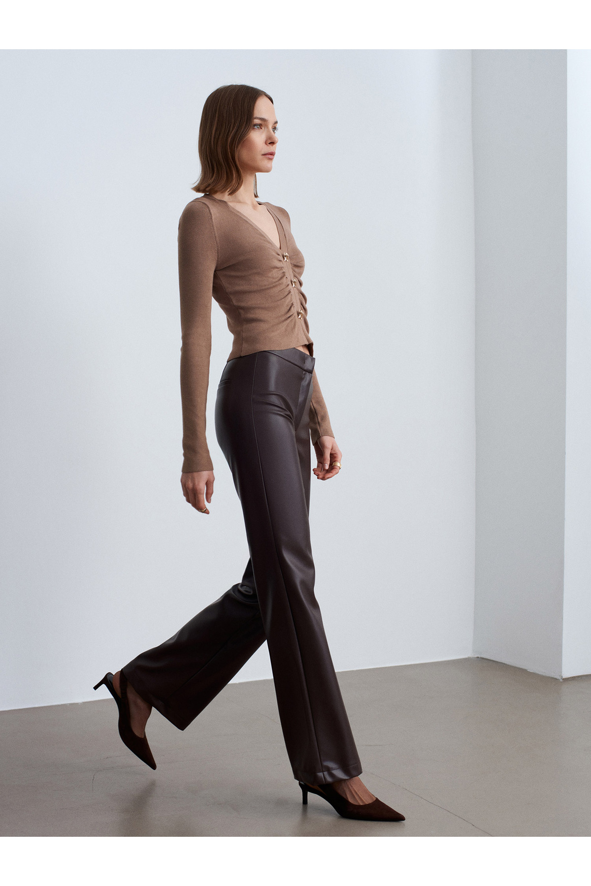 Dilvin 72237 Suni Deri Çan Paça Pantolon-Kahve