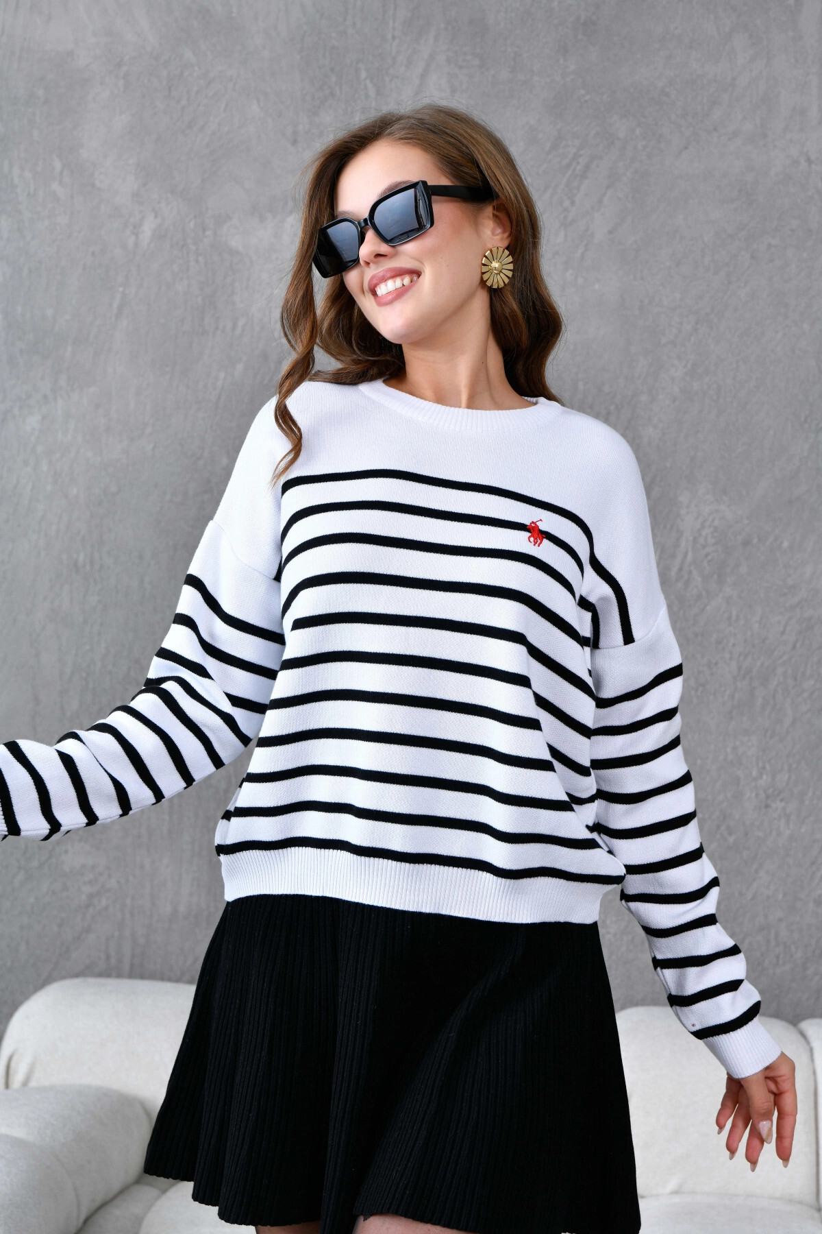 Park Karon Dámský svetr s výstřihem a detaily výšivky, pruhovaný úplet 10272.Ctn