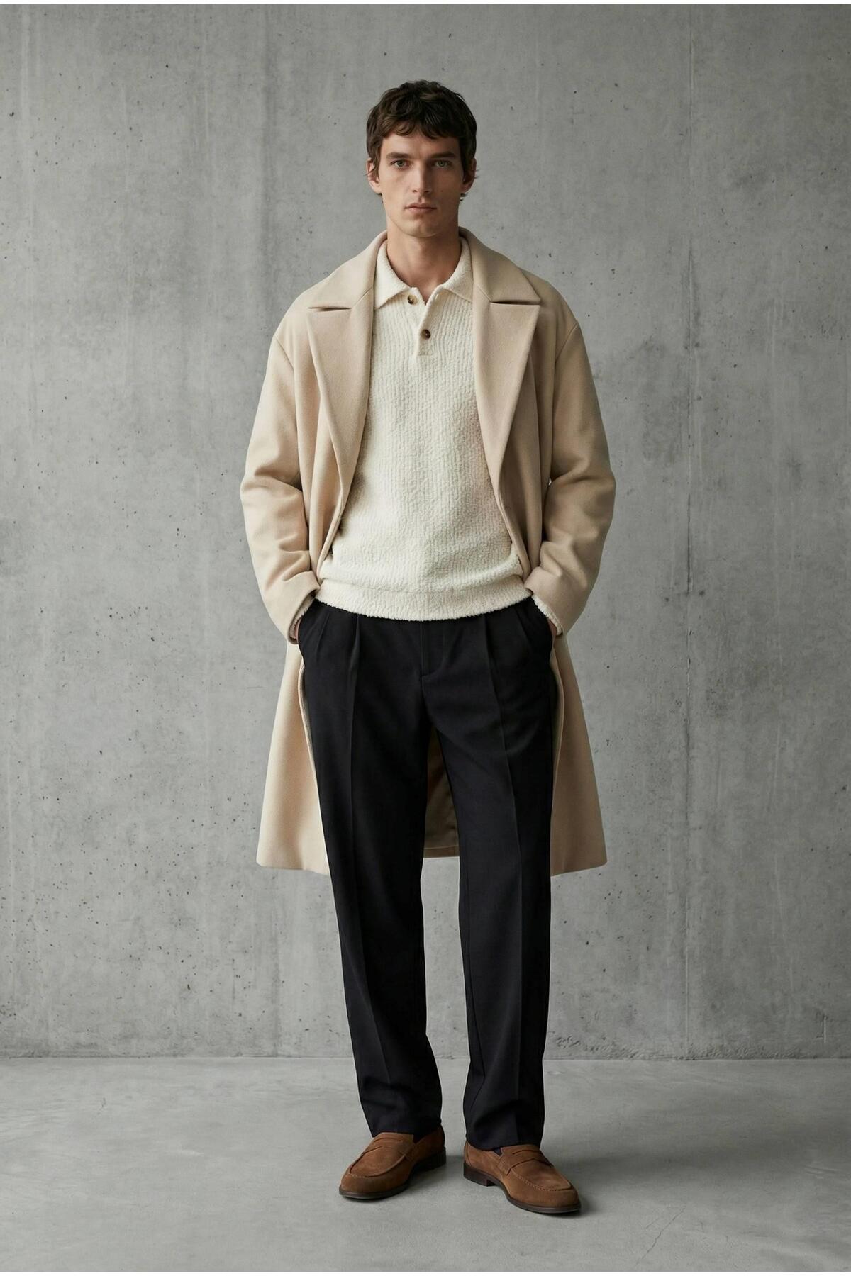 ablukaonline  Erkek Oversize İtalyan Kaşe Kaban Açık Bej - Görsel 5