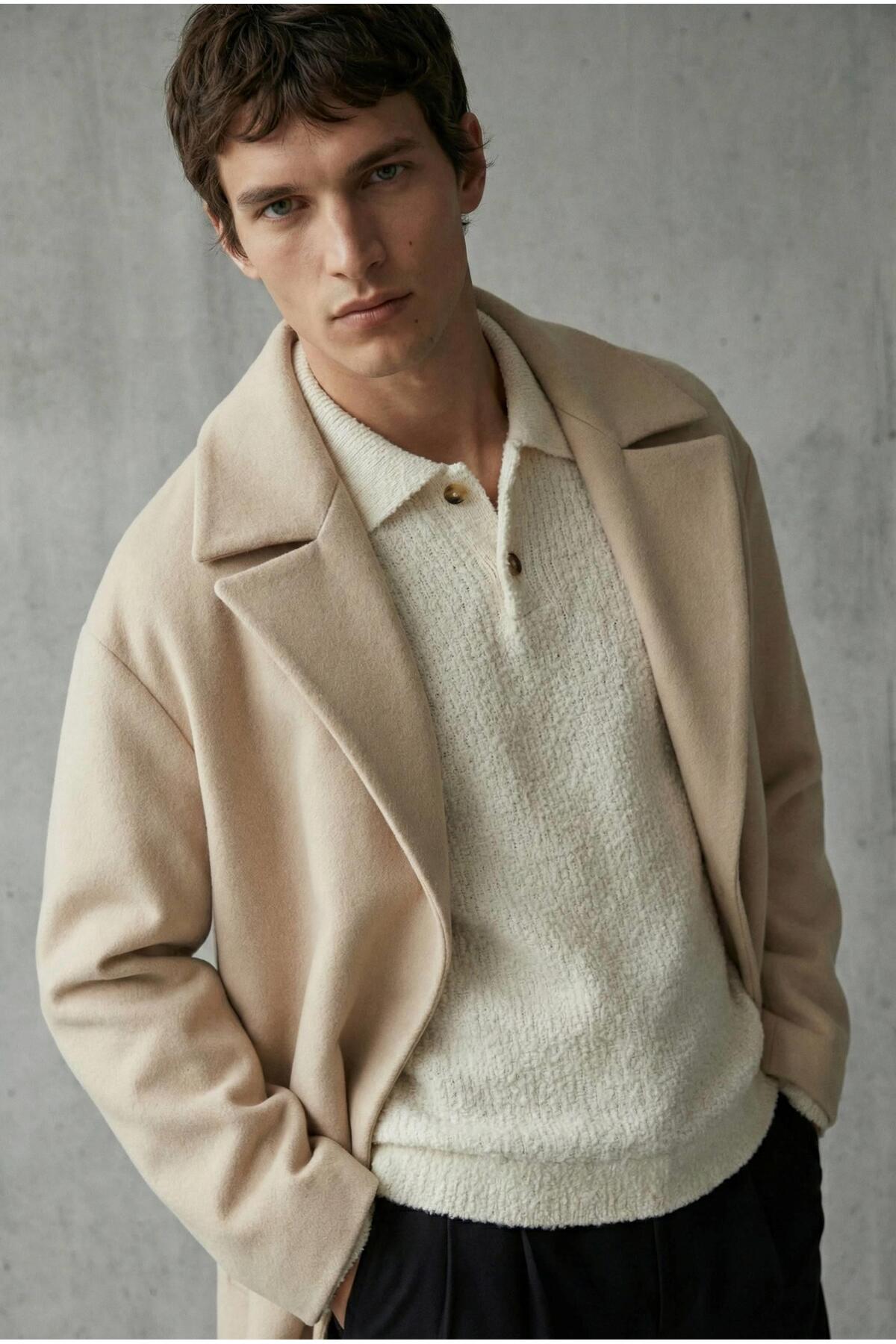 ablukaonline  Erkek Oversize İtalyan Kaşe Kaban Açık Bej - Görsel 3