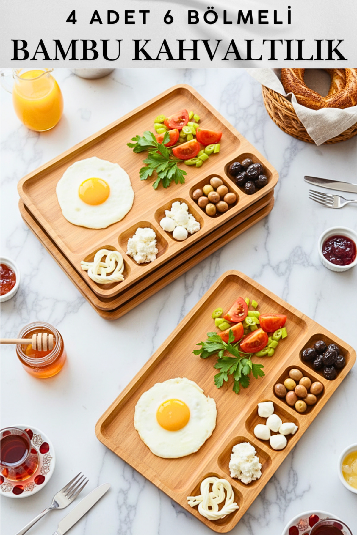 4 Pieces 6 Compartment 100% Natural Doğam Bamboo Breakfast / Serving Set