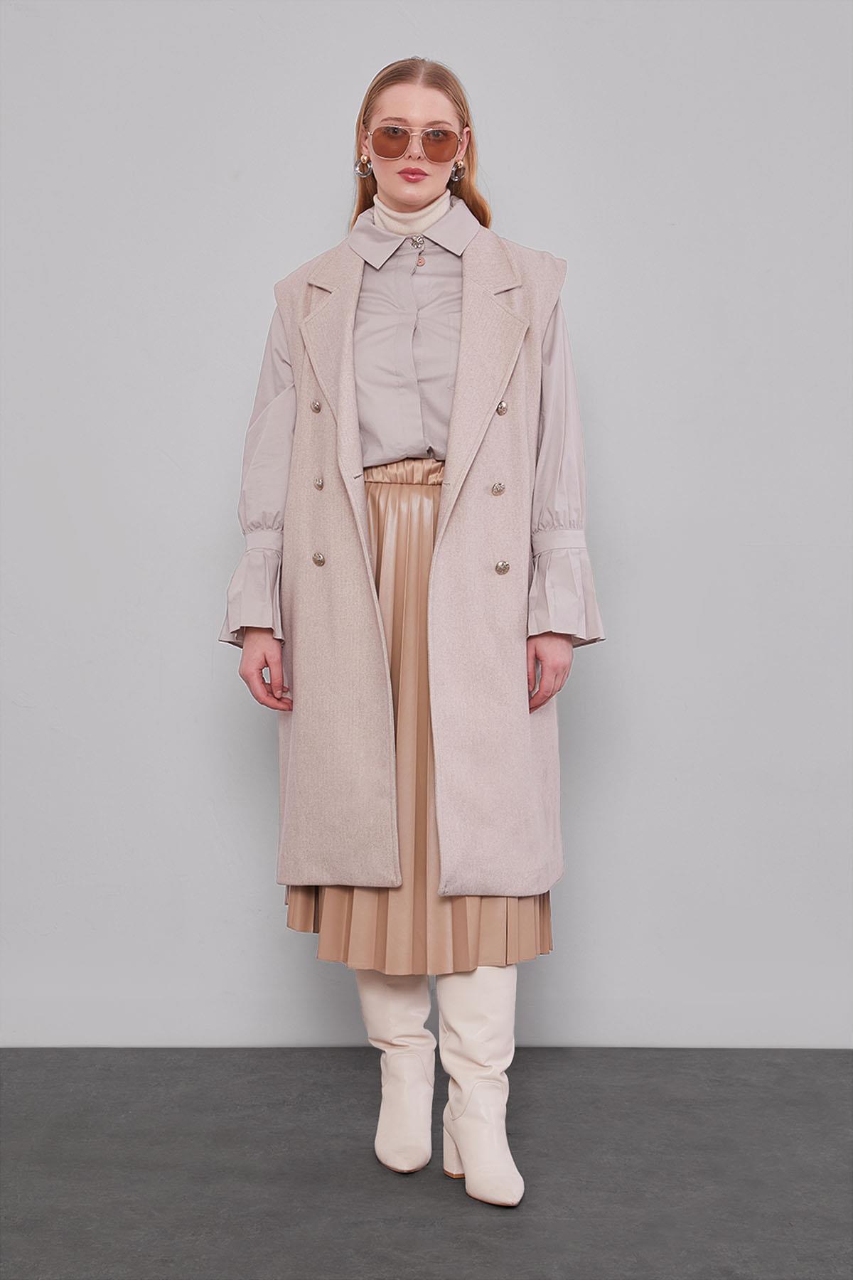 Levidor Bej Maxi Boy Kaşe Yelek