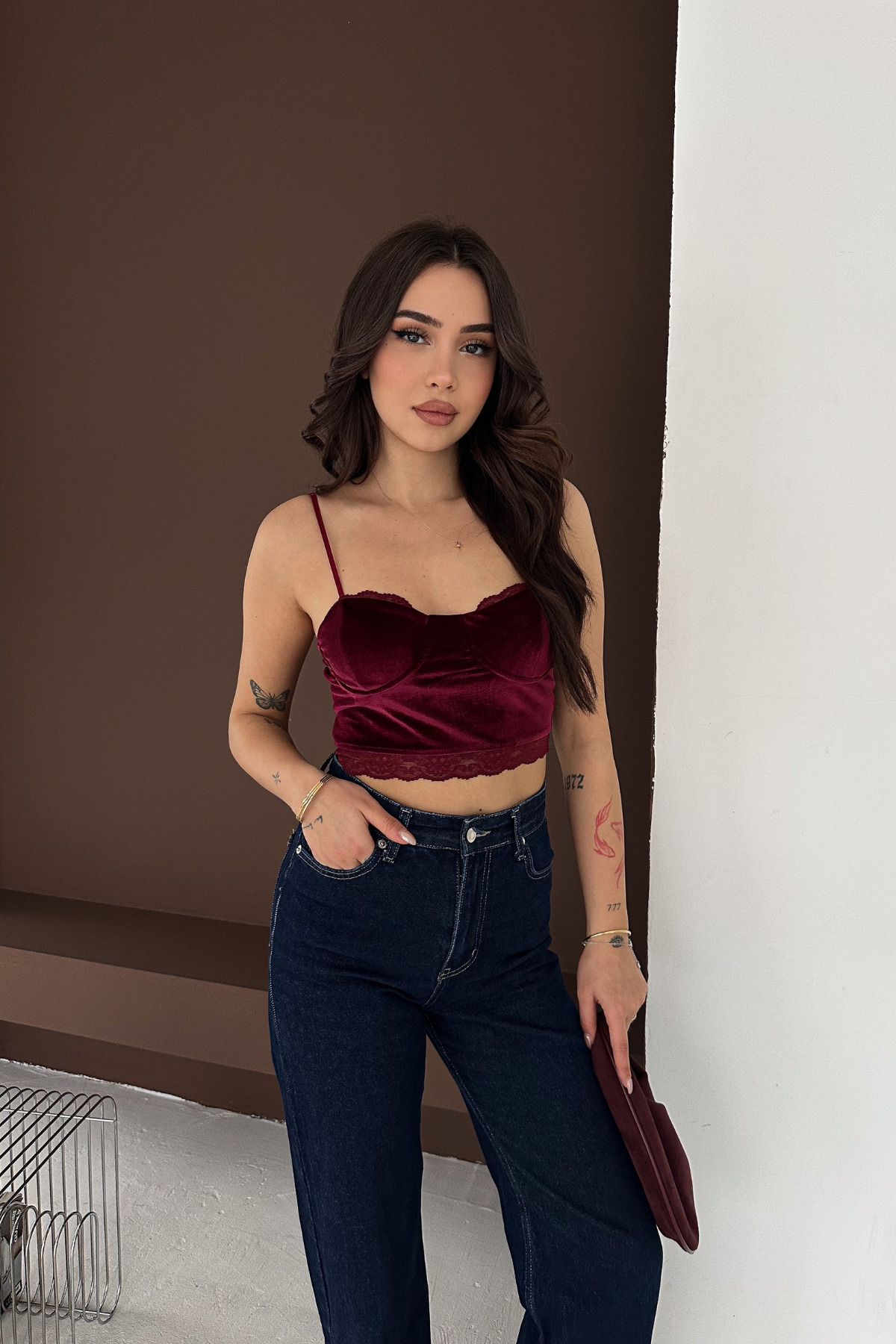 MİROR  Kadın Bordo Kadife Dantel Askılı Crop Bustiyer - Görsel 5