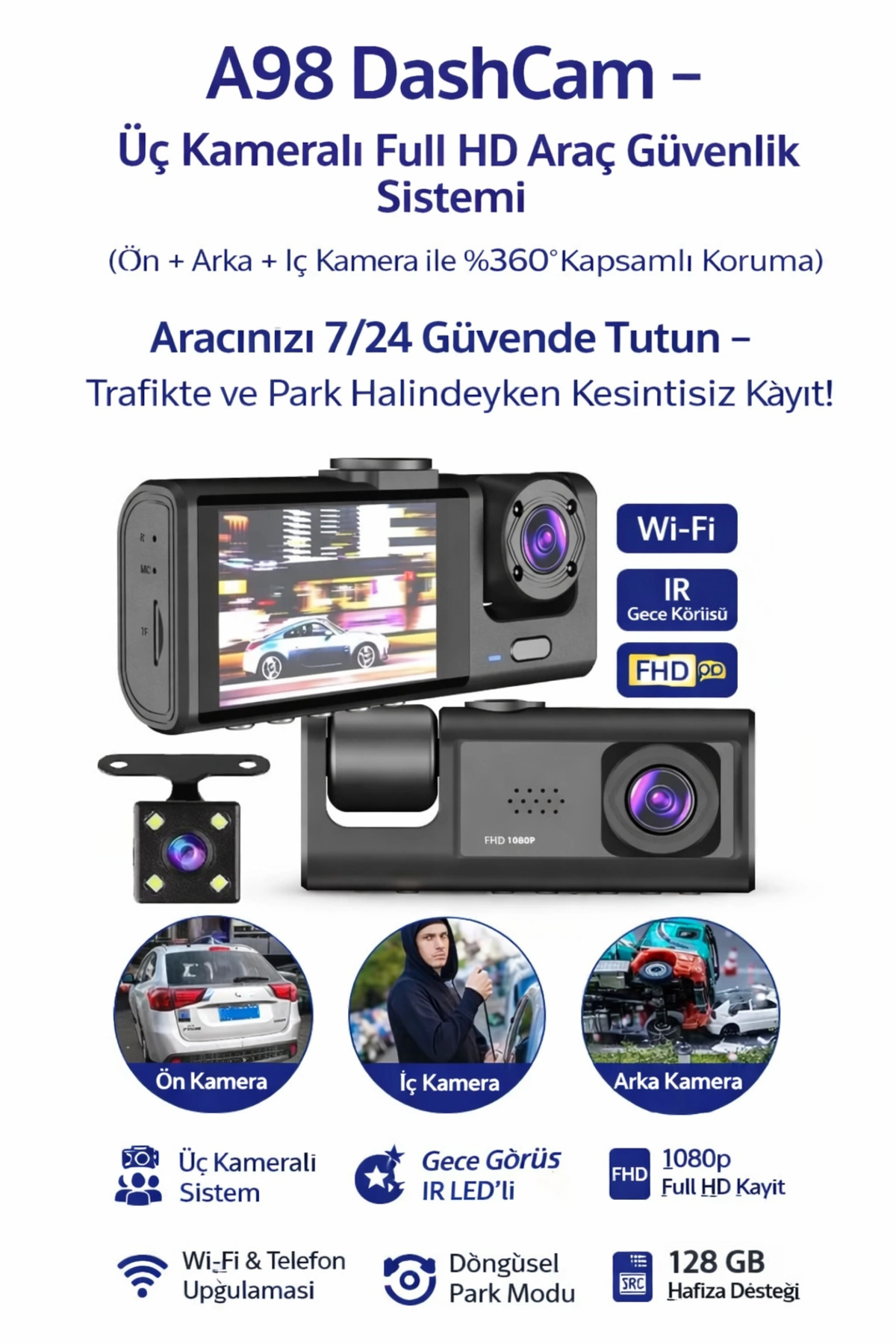 Clevora Akıllı Full HD 3 Kameralı Araç İçi Güvenlik Kamerası Ön-Arka-İç Kayıt, Park Modu