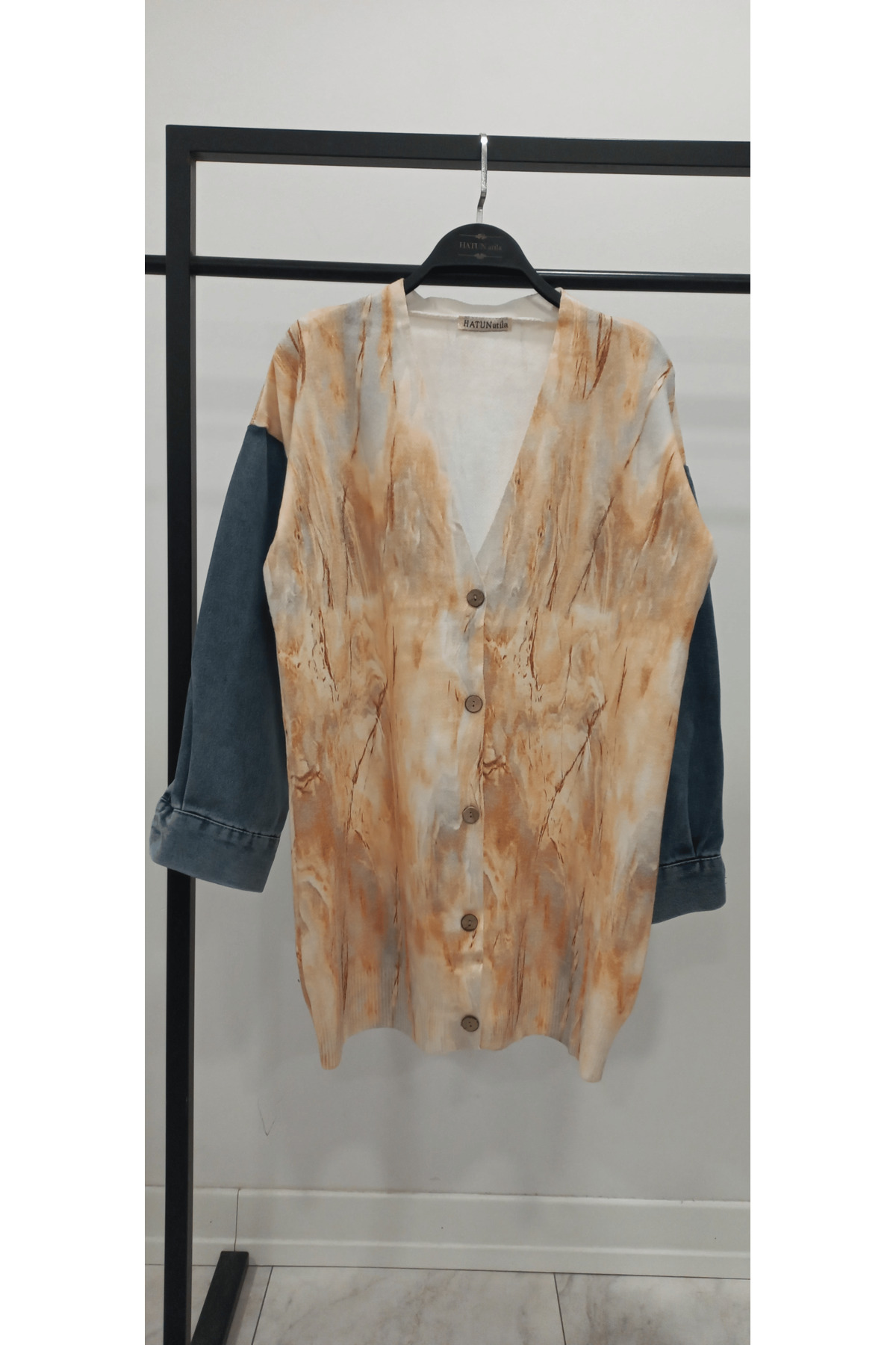 Sleeve Denim Detailed Patterned Long Knitwear Cardigan - 1180