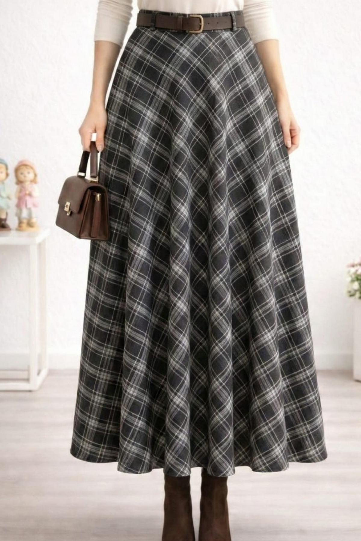 Hb Harma Time Butik  Kadın Siyah Ekose Desenli Etek - Görsel 3