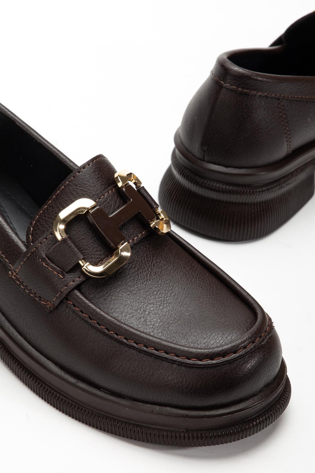 guijarro  Kalın Tabanlı Kahverengi Deri H Tokalı Kadın Loafer Ayakkabı - Görsel 8