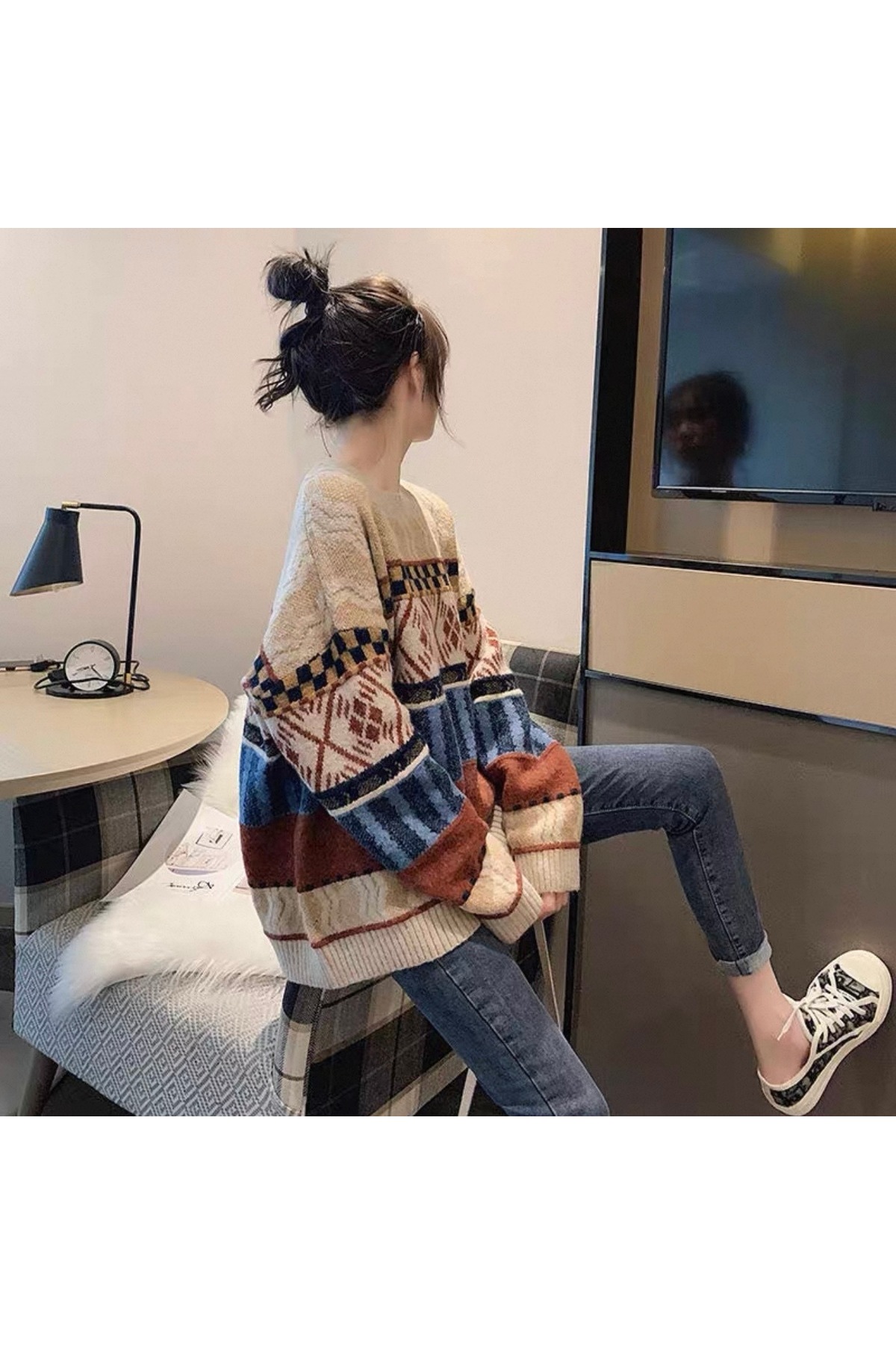 Gülce moda  Kadın Oversize Desenli Triko Kazak | Bohem Etnik Salaş Kışlık Kazak - Görsel 2