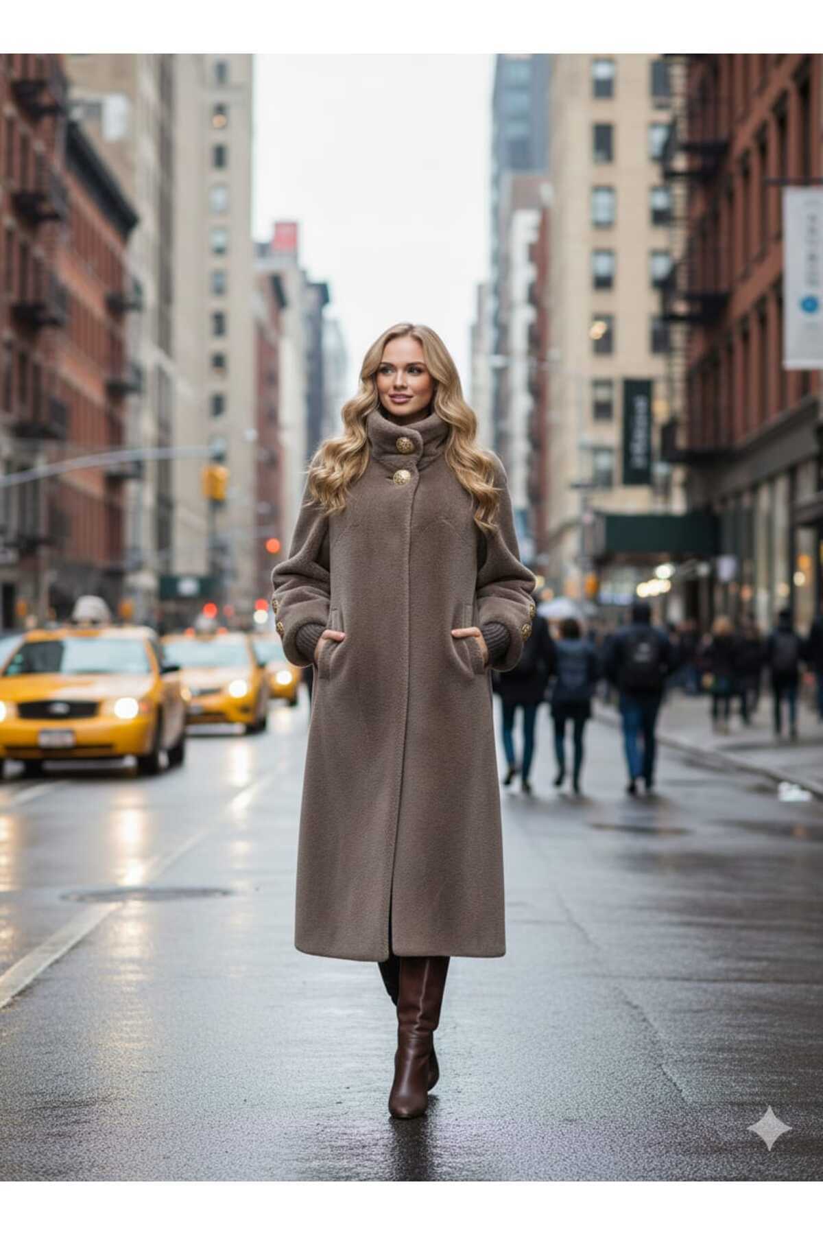 KMKkombin  DİK YAKA BİLEK UCU RİBANALI GOLD DÜĞME DETAYLI FOK KUMAŞ ŞIK KABAN/MONT - Görsel 3