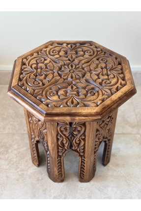 Arıkmert El Sanatları Maraş El Oyma Ceviz Ahşap Yan Sehpa 44x44x46 cm | El Ya...