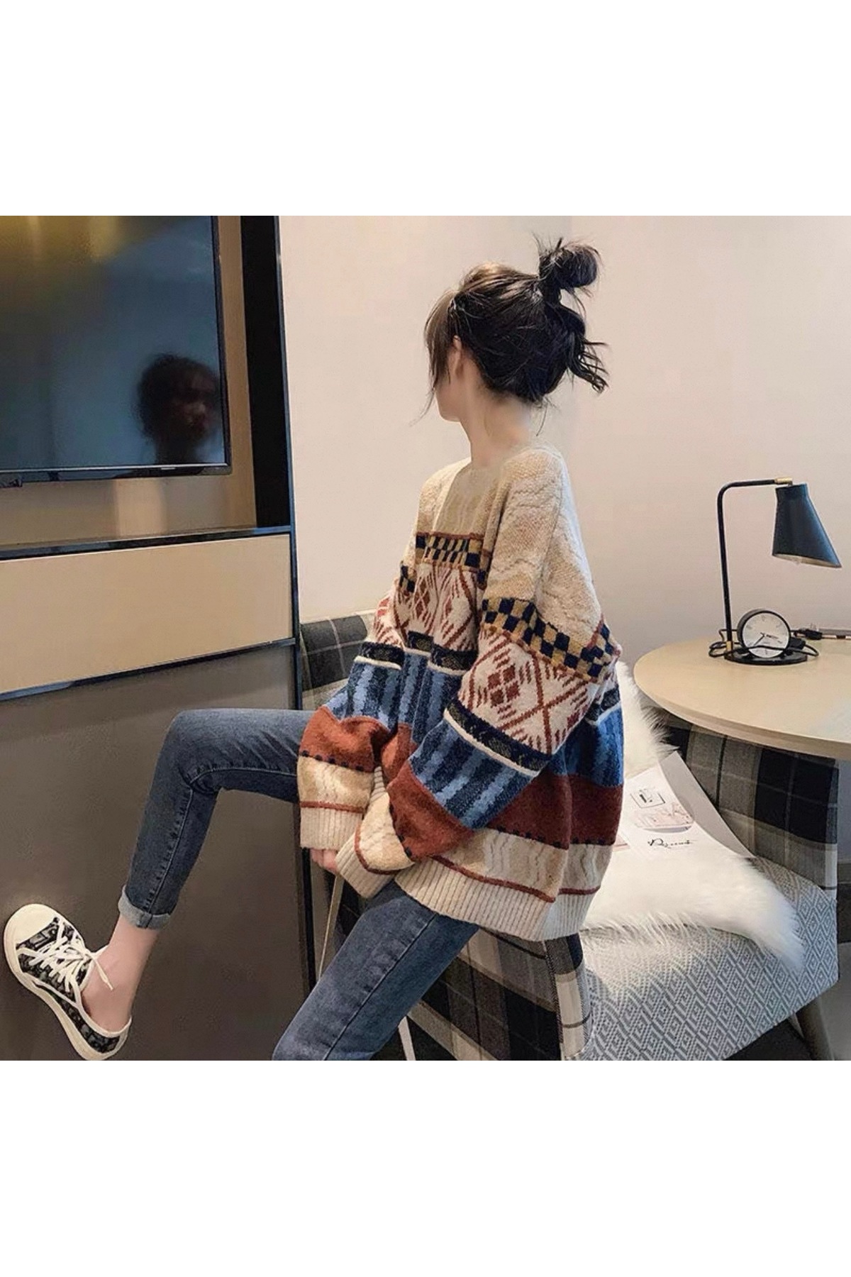 Gülce moda  Kadın Oversize Desenli Triko Kazak | Bohem Etnik Salaş Kışlık Kazak - Görsel 3