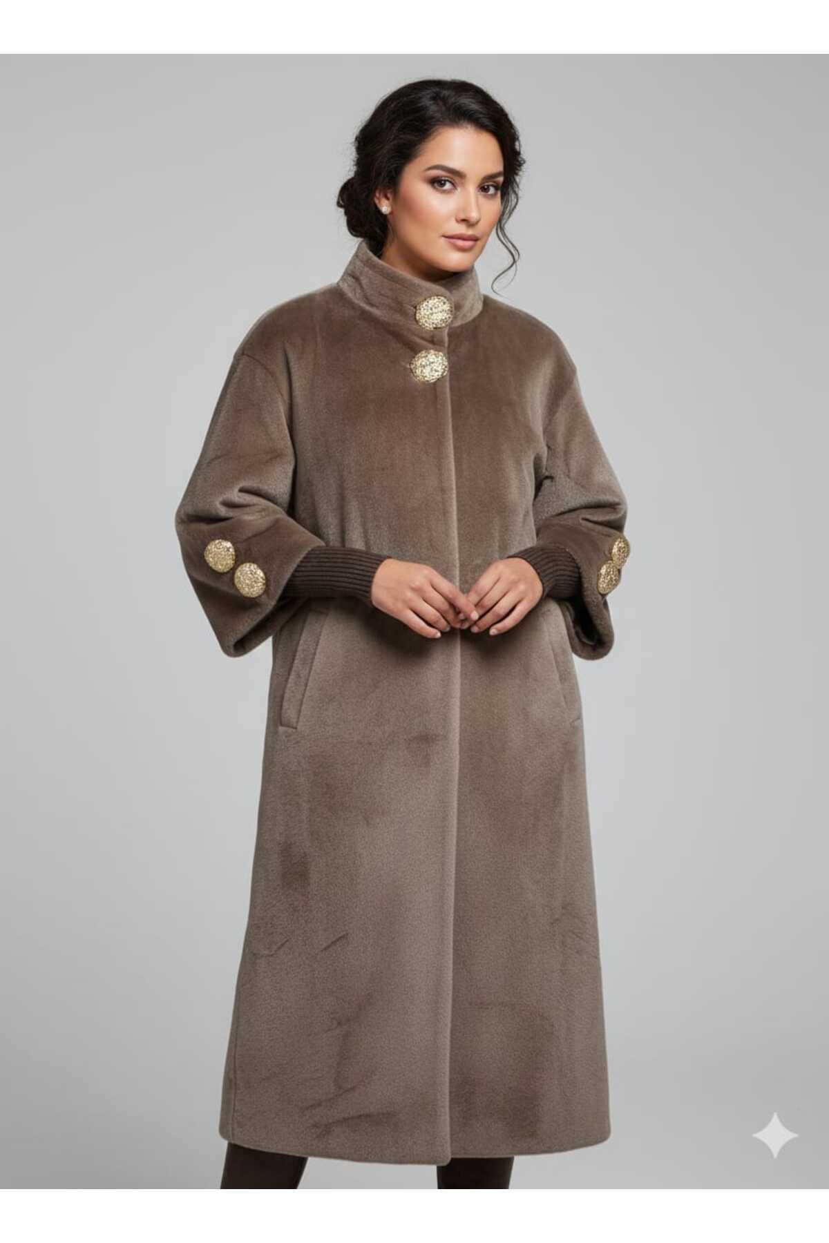 KMKkombin  DİK YAKA BİLEK UCU RİBANALI GOLD DÜĞME DETAYLI FOK KUMAŞ ŞIK KABAN/MONT - Görsel 2