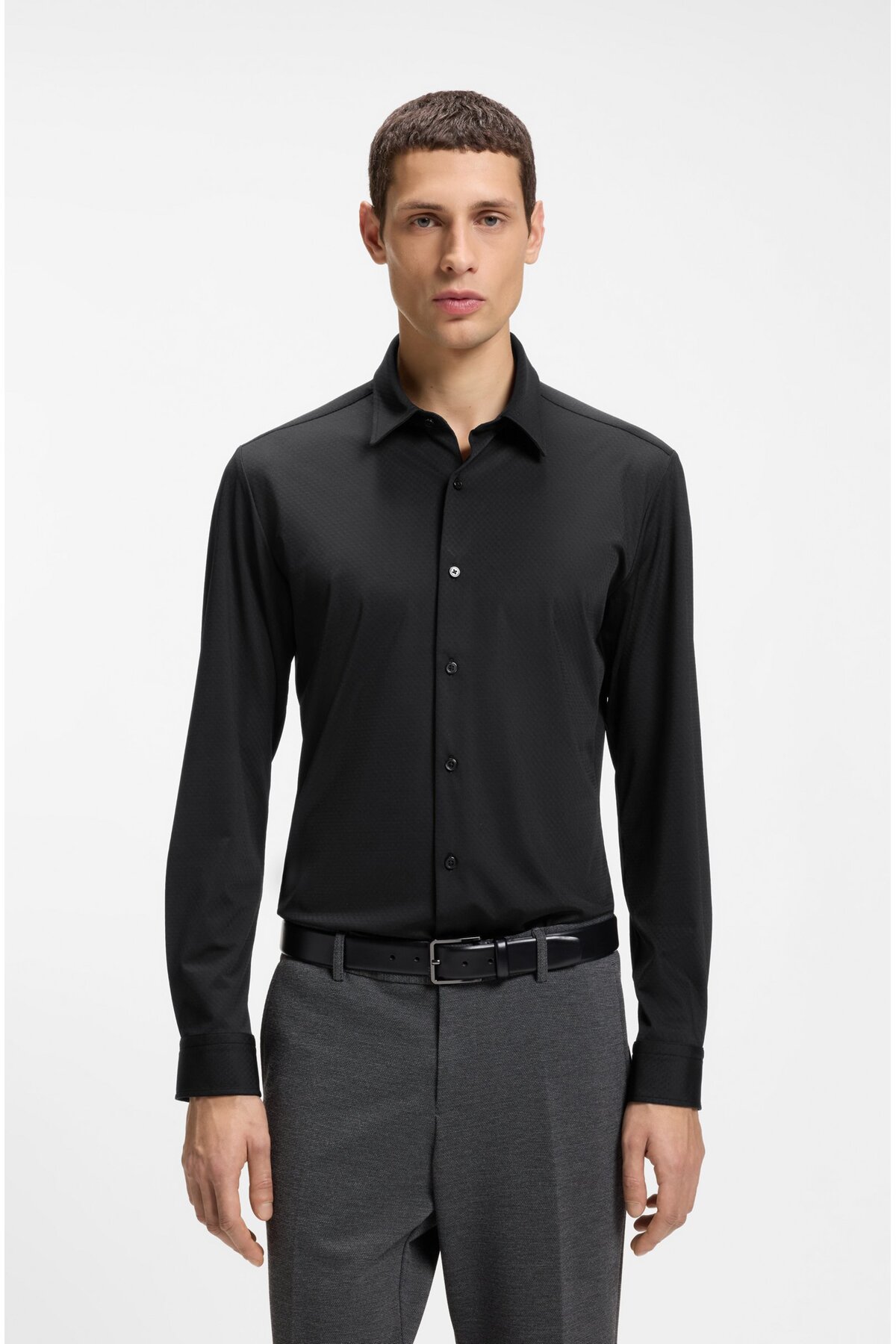 باس پیراهن مردانه آستین بلند مشکی اسلیم فیت از جنس پارچه کشباف 50556796-001