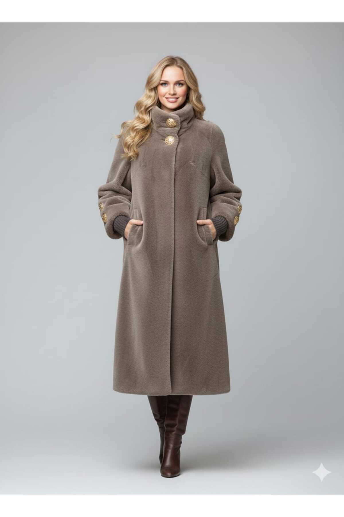 KMKkombin  DİK YAKA BİLEK UCU RİBANALI GOLD DÜĞME DETAYLI FOK KUMAŞ ŞIK KABAN/MONT - Görsel 4