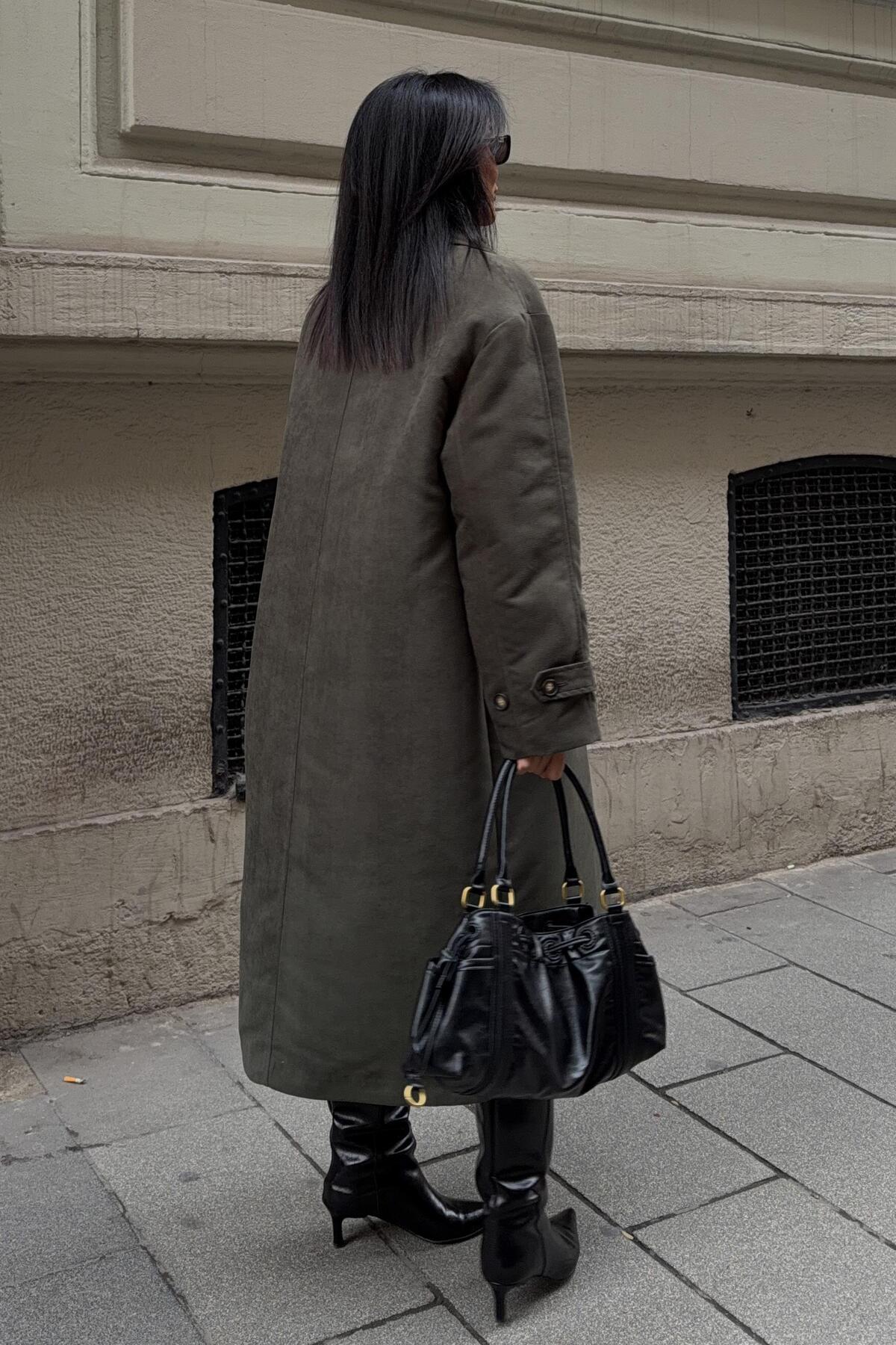 Lijuri  Haki Çift Düğmeli Uzun Süet Kaban 7084 R10-I-K3 - Görsel 7