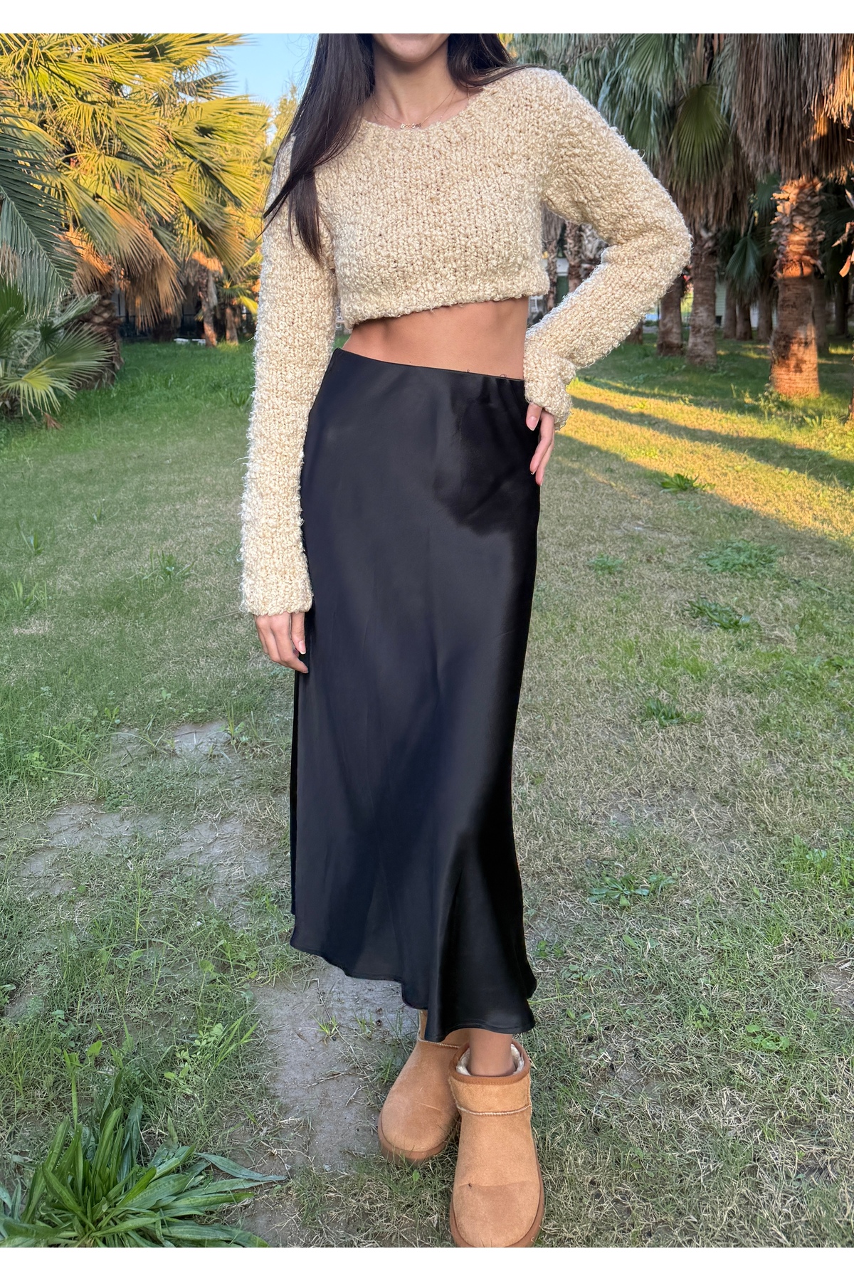 yoe butik  Siyah Saten Midi Boy Etek - Görsel 4