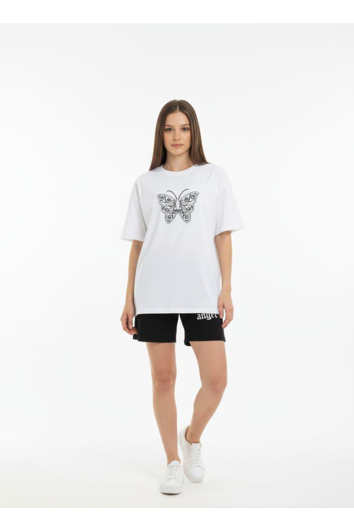 Marwah collection ANGEL BASKILI PAMUKLU OVERSIZE T-SHIRT ŞORT 2Lİ TAKIM BÜYÜK BEDEN