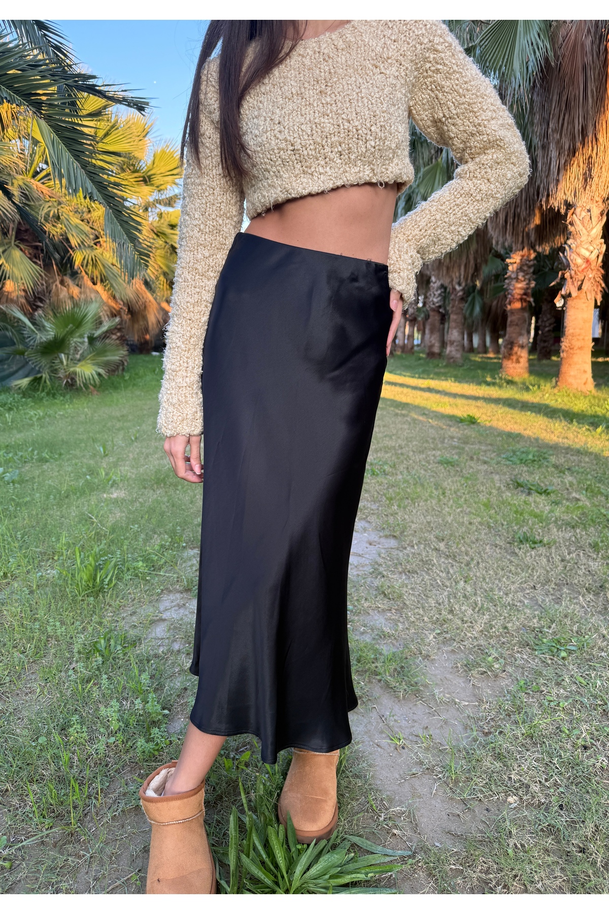 yoe butik  Siyah Saten Midi Boy Etek - Görsel 5