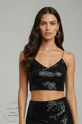 lil amore Pullu Bluz - Pul Payetli Lastik Askılı Crop Bluz Siyah