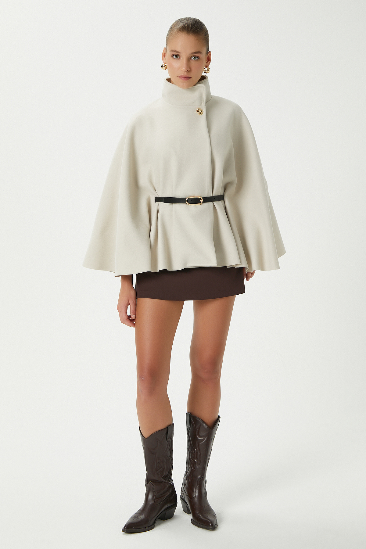 Ritnice  Kadın Kayla Gold Düğmeli Kemerli Krem Kaşe Panço - Görsel 5